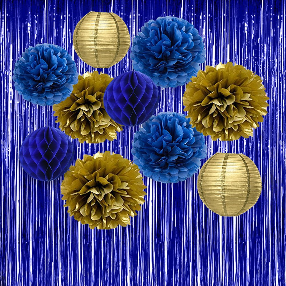 Elegant Shiny Blue Foil Fringe Curtain & Navy Gold Tissue Pom Poms - Bridal Shower Decorations Set for Baby Showers, Birthday Parties & Wedding Events - Perfect for Photo Backdrops, Ceiling Decor & Festive Celebrations
