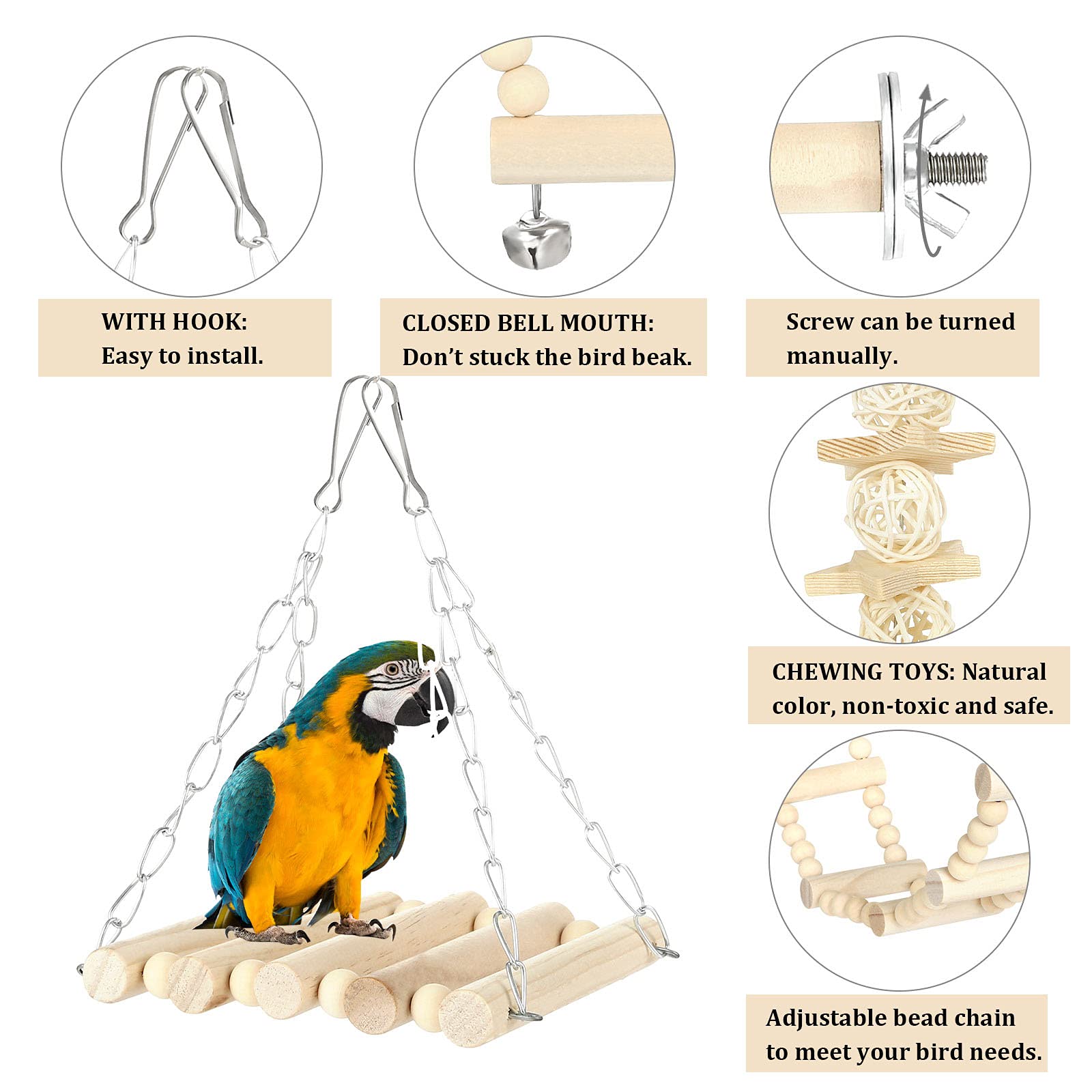 8 PCS Bird Toys for Parrots - Wooden Chewing Hanging Swing & Standing Toys for Parakeets, Cockatiels, Conures & Budgies - Cage Accessories for Play, Exercise & Mental Stimulation
