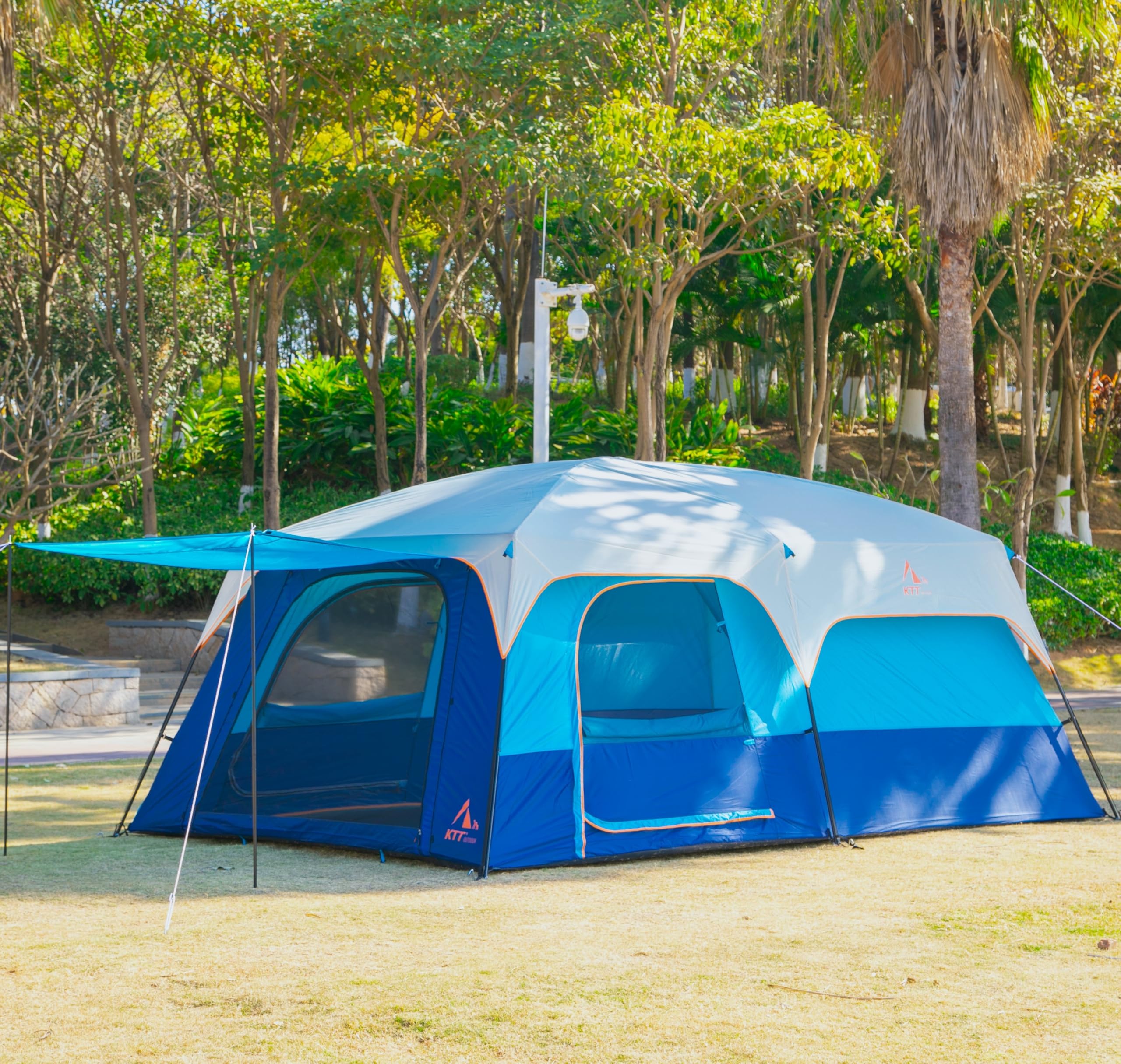 KTT Extra Large Family Cabin Tent for 10-12-14 People - 2 Rooms, 3 Doors & 3 Windows with Mesh, Straight Wall Design, Waterproof Double Layer - Perfect for Camping, Picnics, Outdoor Adventures & Family Gatherings