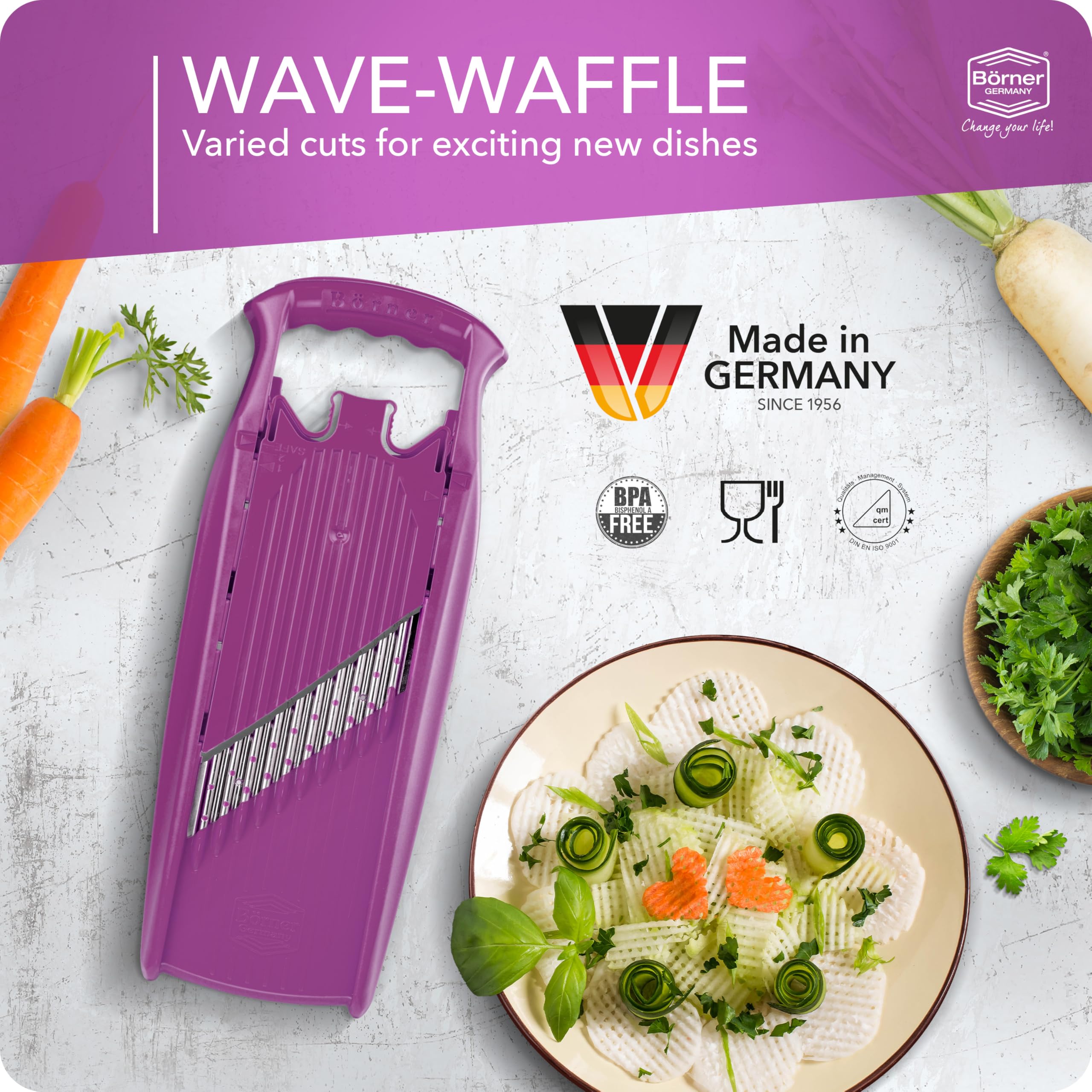 Börner Wave-Waffle PowerLine Crinkle Cutter with Safety Guard - 2-Piece Vegetable Slicer Set for Perfect Wave & Waffle Cuts - Ideal for Lattice Potatoes, Fries & Creative Food Presentation - Purple Kitchen Tool for Home Chefs & Meal Prep