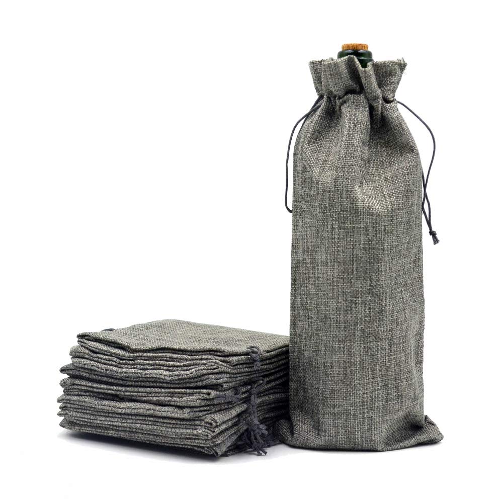 10-Piece Reusable Burlap Wine Gift Bags with Drawstring - Eco-Friendly Linen Champagne Bags for Liquor Bottles - Perfect for Wine Tasting, Christmas, Weddings, Housewarming, Birthdays & Holiday Parties (Grey) - Elegant & Sustainable Party Favors for Any Celebration