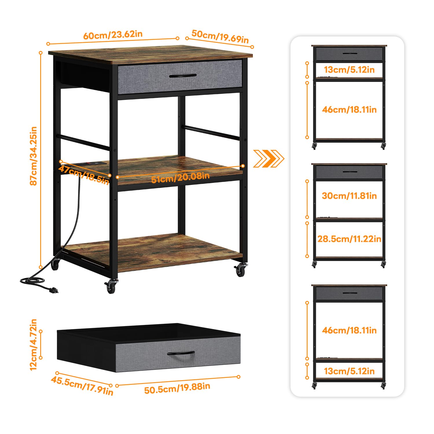 3-Tier Adjustable Printer Stand with Drawers, Wheels & Power Outlets - Large Rolling Printer Cart with USB Ports & Storage Shelf for Home Office Organization - Perfect for Laser/Inkjet Printers, Scanners & Office Equipment (Brown)