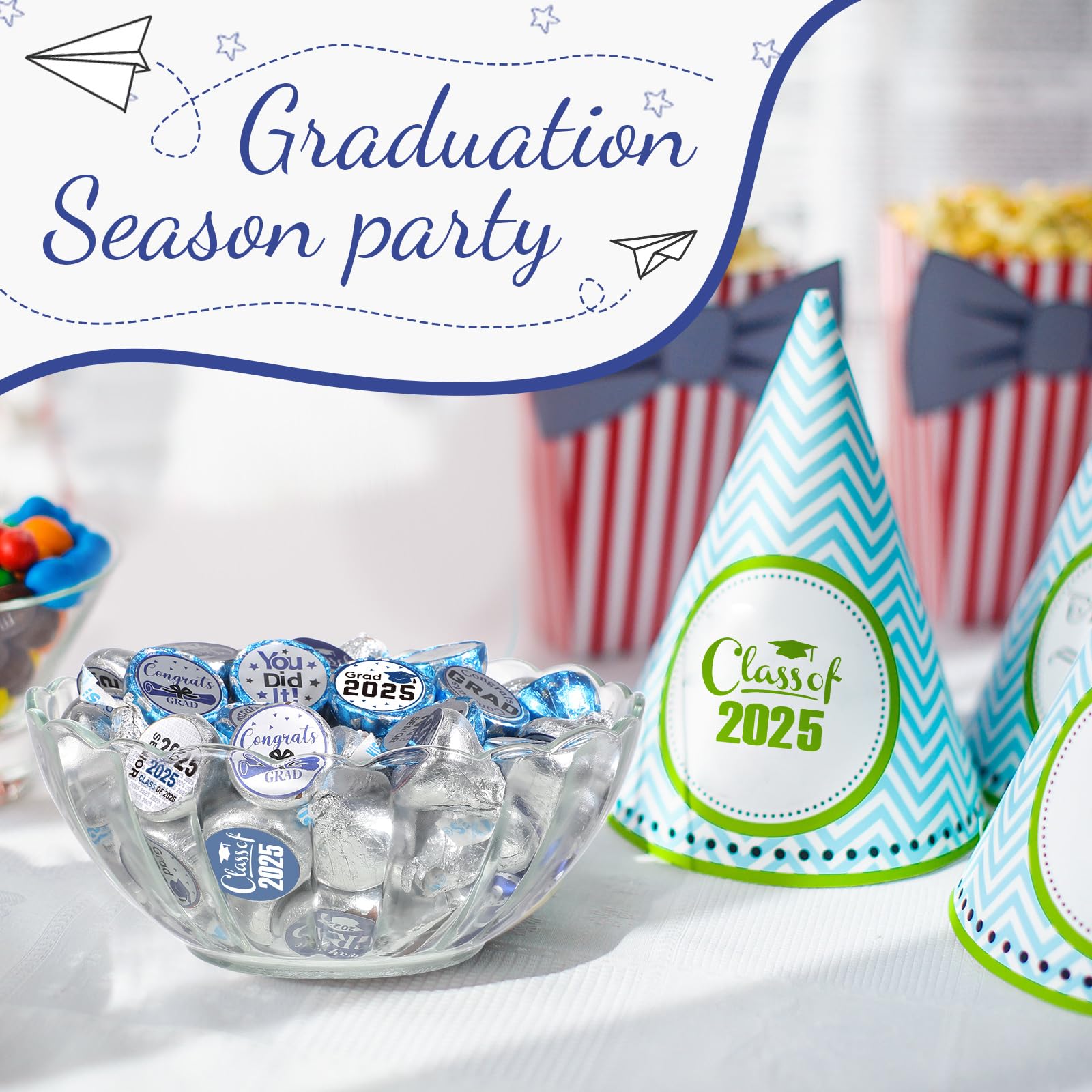 Chinco 504-Piece 2025 Graduation Stickers Set - Congrats Grad Senior Class of 2025 Party Supplies - Candy Labels & Chocolate Stickers for High School, College, Doctorate Graduation Celebrations (Blue) - Perfect for Graduation Party Decorations, Gift Wrapping & Dessert Toppers