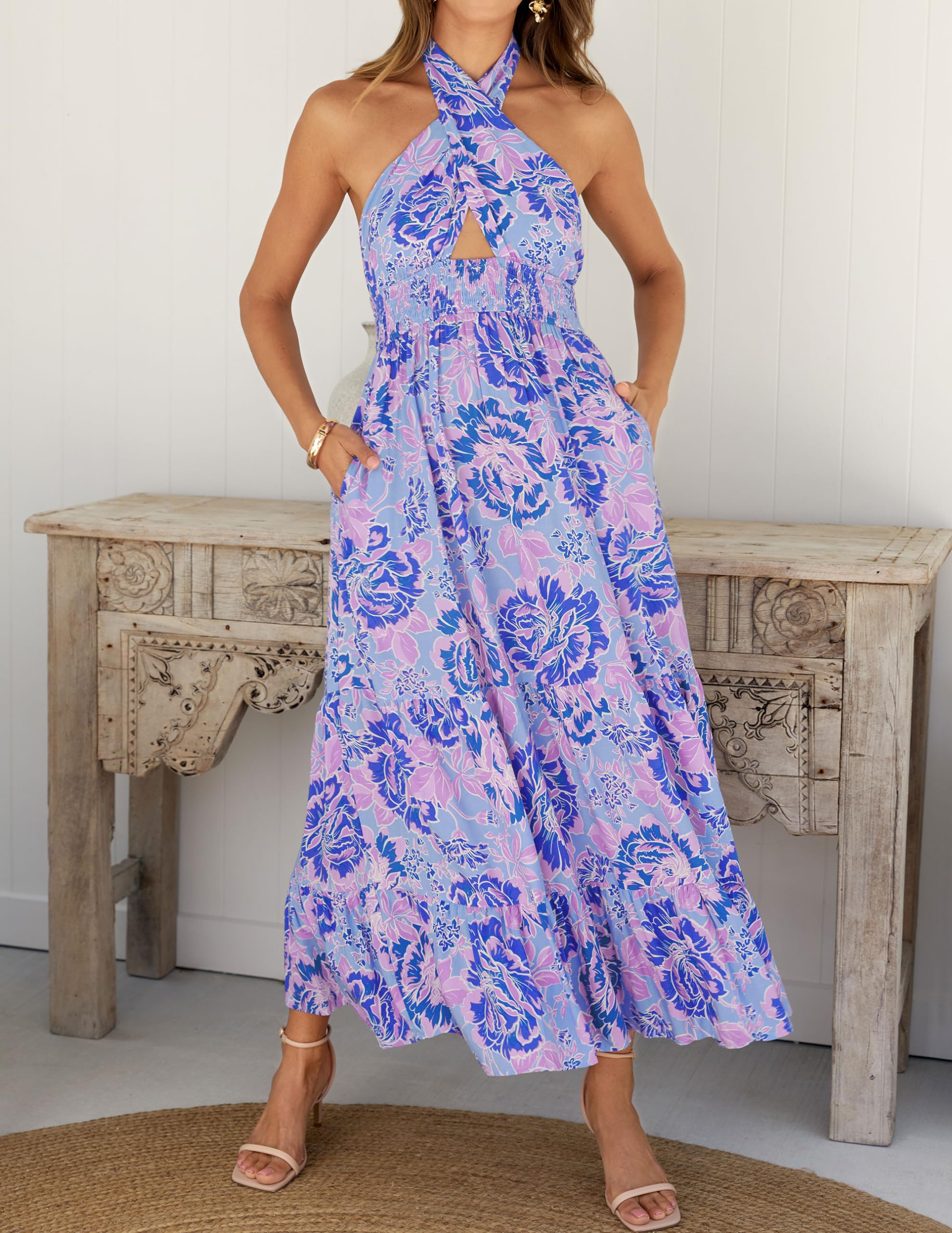 ZESICA Women's 2025 Summer Plaid Halter Neck Sleeveless Backless Maxi Dress - Beach Wedding, Vacation, Party, Date Night Outfit