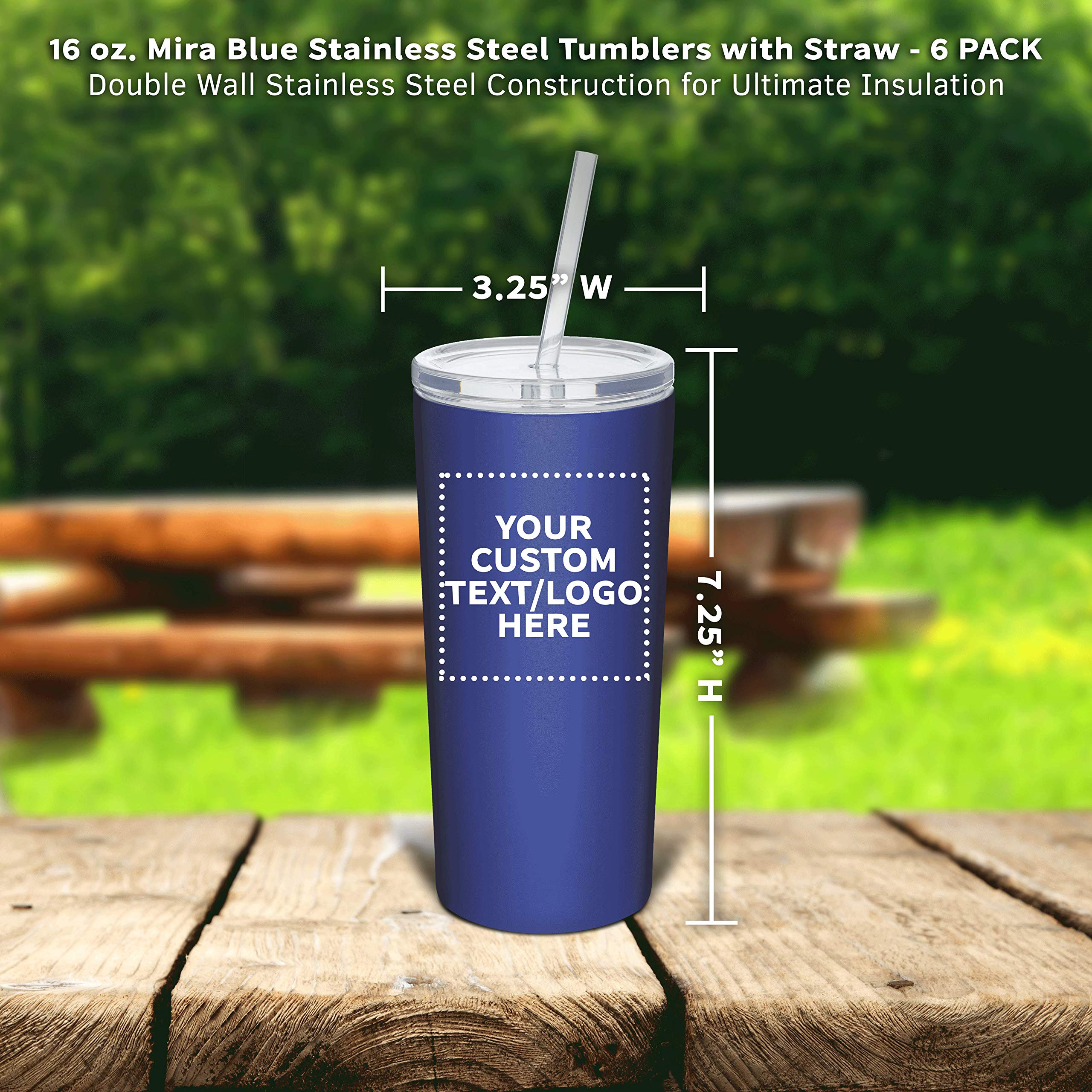 6 Pack 16oz Stainless Steel Tumblers with Straws - Double Wall Insulated, Leak-Proof Tritan Lid - Custom Engraved Text/Logo - Perfect for Office, Gym & Outdoor Activities - Blue