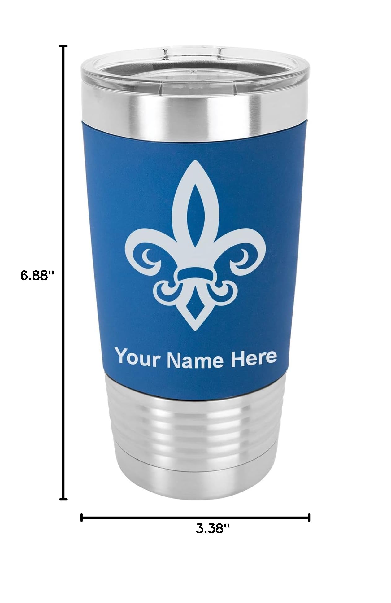 20oz Vacuum Insulated Stainless Steel Tumbler Mug with Silicone Grip - Personalized Engraving & Fleur de Lis Design (Dark Blue) - Perfect for Coffee, Tea, or Cold Drinks at Home, Office, or Travel