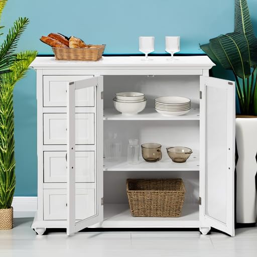 Giantex White Buffet Sideboard - Wooden Storage Cabinet with 4 Drawers & 2 Doors, Console Table for Living Room, Dining Room Furniture, Kitchen Pantry Cupboard - Perfect for Home Organization & Entertaining