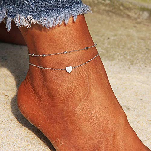 Aluinn Boho Layered Anklet - Silver Beaded Love Heart Ankle Bracelet for Women & Teens | Perfect for Beach, Summer & Festival Jewelry