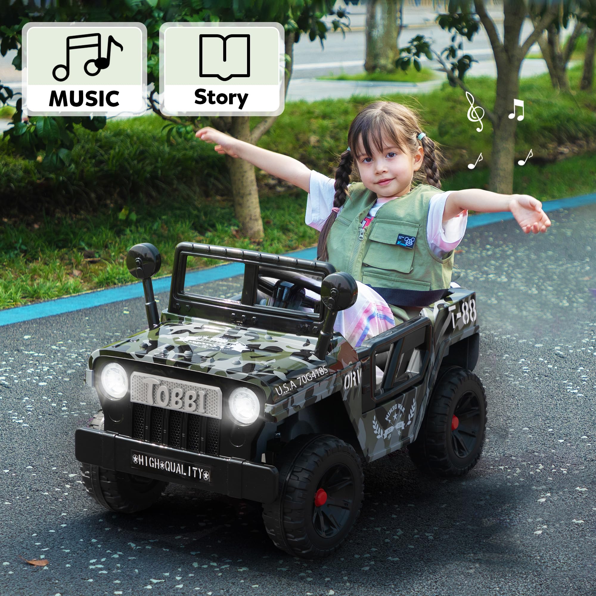 TOBBI 12V Kids Ride On Truck - Electric Battery Powered Toy Car for Toddlers with Off-Road Wheels, Suspension, Horn & LED Lights - Best Gift for Boys & Girls Ages 3-6 (Camouflage Design) - Perfect for Outdoor Play, Birthday Presents & Christmas Gifts