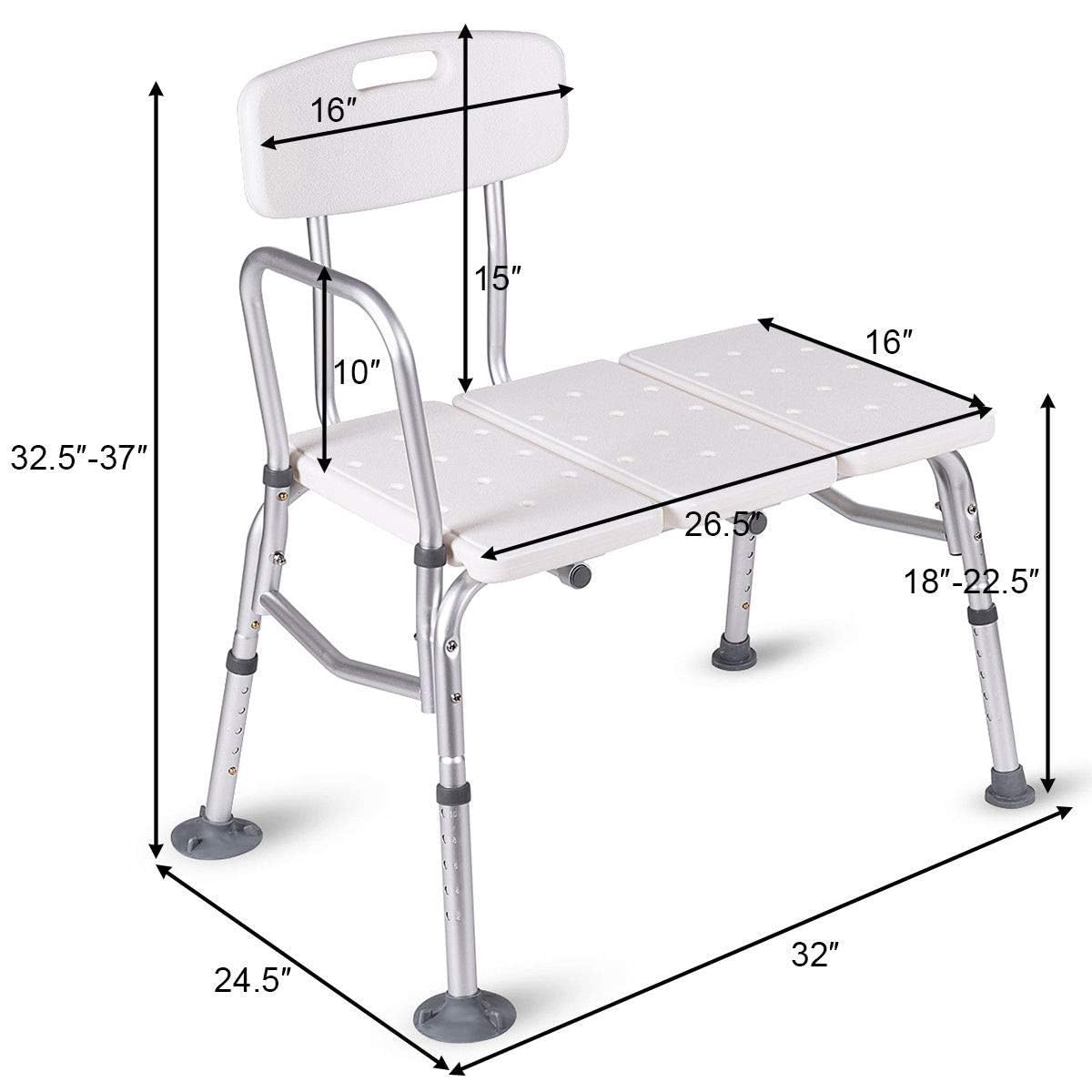 HEALTHLINE Heavy Duty Bariatric Shower Bench 400 lbs Capacity - Adjustable Medical Transfer Bench with Back Support & Non-Slip Seat for Elderly & Disabled (Gray) - Ideal for Safe Bathing & Showering Assistance
