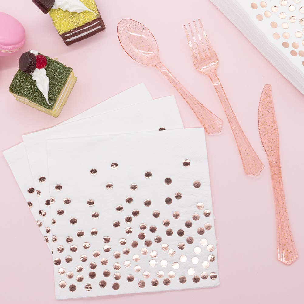 350-Piece White & Rose Gold Disposable Dinnerware Set - Elegant Paper Plates, Napkins, Cups & Plastic Cutlery for Women's Birthday, Graduation, Bridal Shower, Engagement & Wedding Parties | Perfect for Elegant Celebrations and Special Occasions
