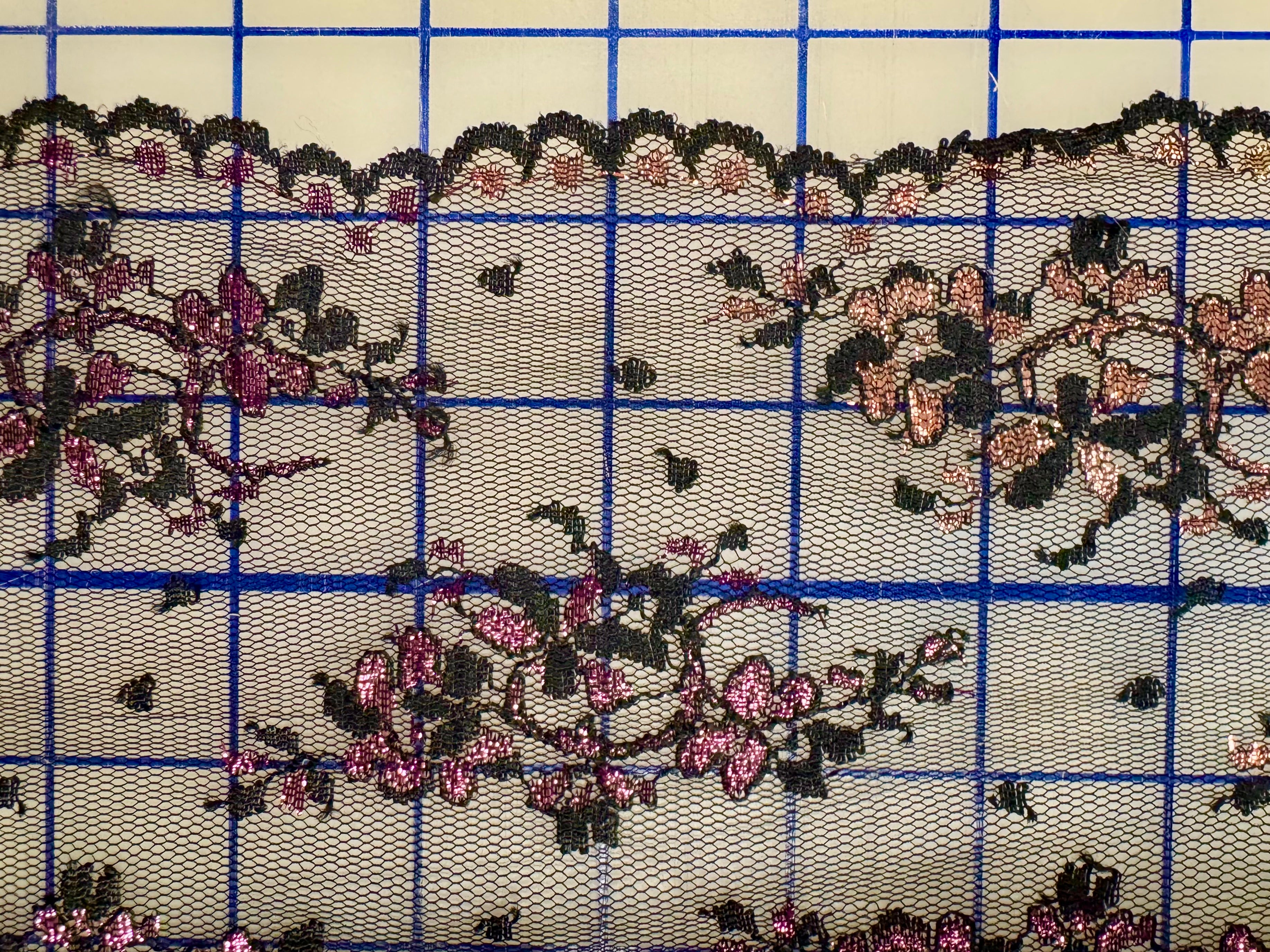 Elegant 50-Inch Wide Black Lace Fabric with Metallic Gold, Pink, Silver, and Copper Motifs - Perfect for Wedding Dresses, Home Decor, and DIY Crafts