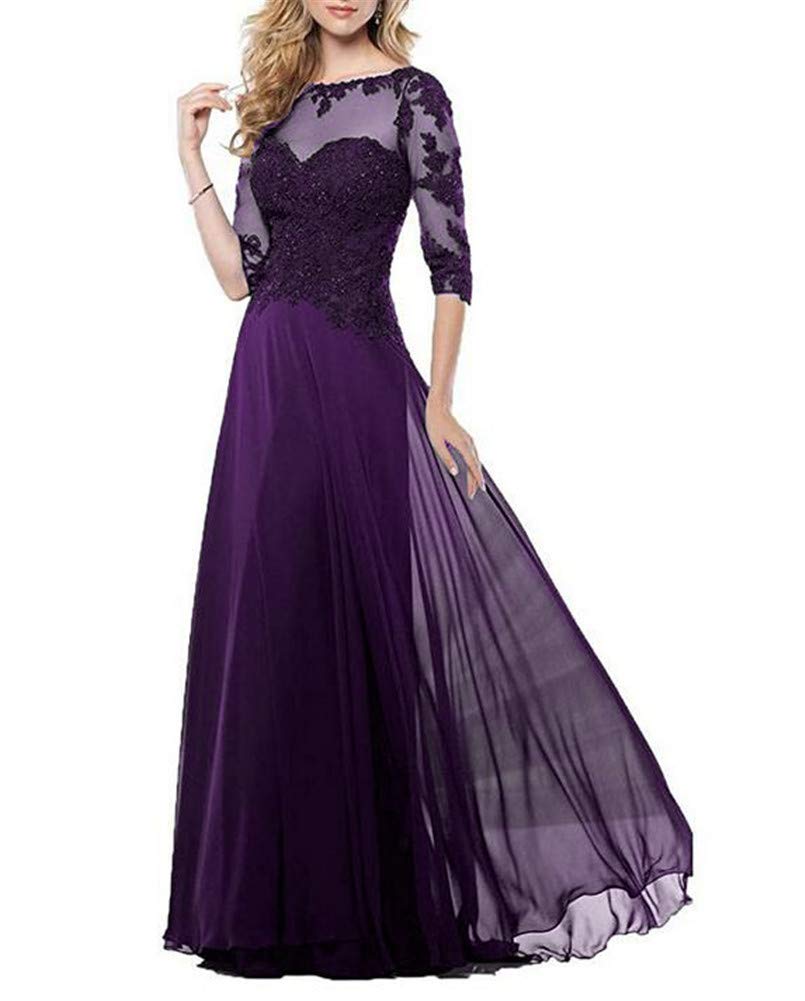 Emmani Women's Long Sleeve Chiffon Wedding Dress with Lace Appliques - Elegant Mother of the Bride Gown in Purple for Formal Weddings, Evening Parties & Special Occasions