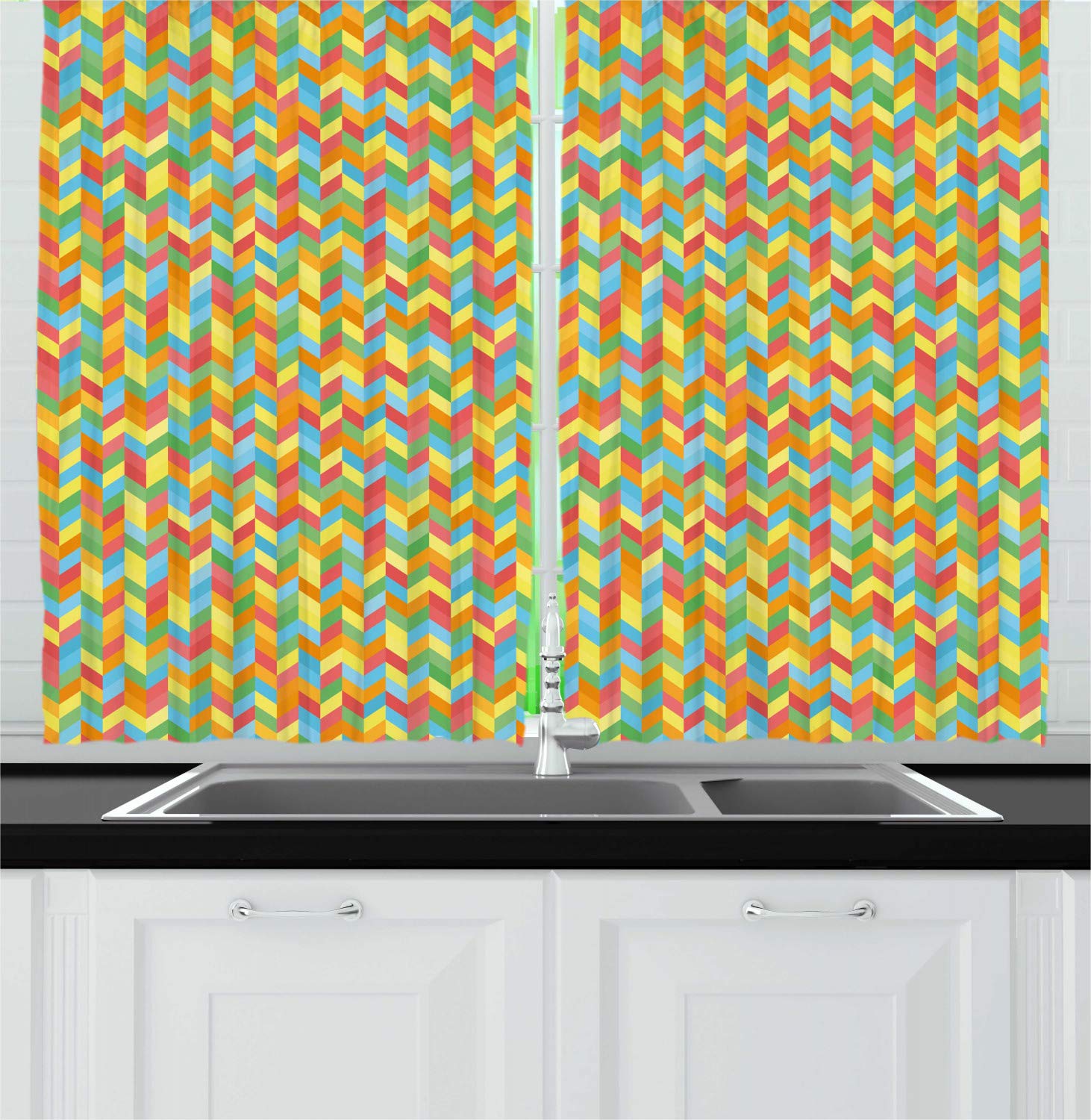 Ambesonne Herringbone Kitchen Curtains Set of 2 Panels - Colorful Geometric Polygons Design, 55 x 39 Inch Window Drapes for Modern Kitchen & Cafe Decor - Perfect for Farmhouse, Rustic & Contemporary Style Homes