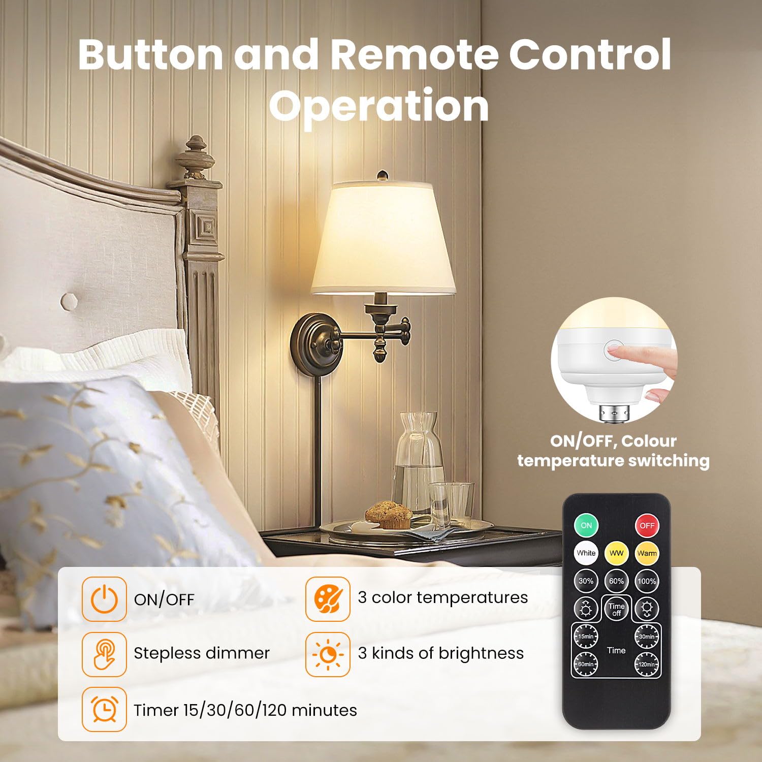 Rechargeable LED Light Bulbs with Remote Control, Timer & 3 Color Temperatures - Battery Operated Puck Lights for Wall Sconce (E12 Base, 2-Pack) - Perfect for Bedrooms, Closets, Stairways & Emergency Lighting