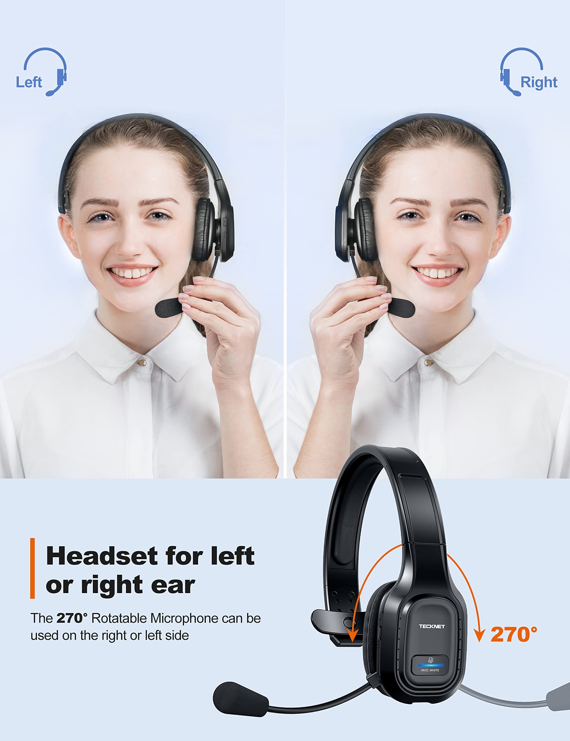 TECKNET Trucker Bluetooth Headphones with Microphone - Wireless On-Ear Headset with Noise Cancellation, Hands-Free for Cell Phone, Computer, Office, Home & Call Center - Perfect for Skype Calls, Driving, and Work from Home (Black)