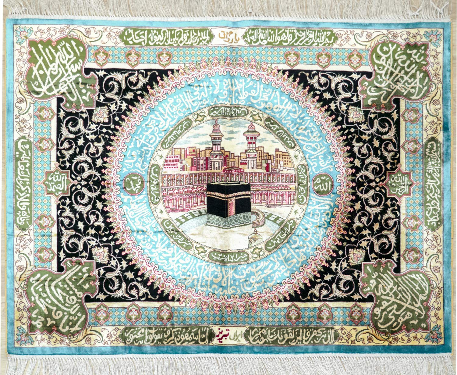 Handmade Silk Prayer Rug 4x3ft - Blue Mosque Carpet, Handwoven Tapestry for Islamic Worship, Home Decor & Meditation Space