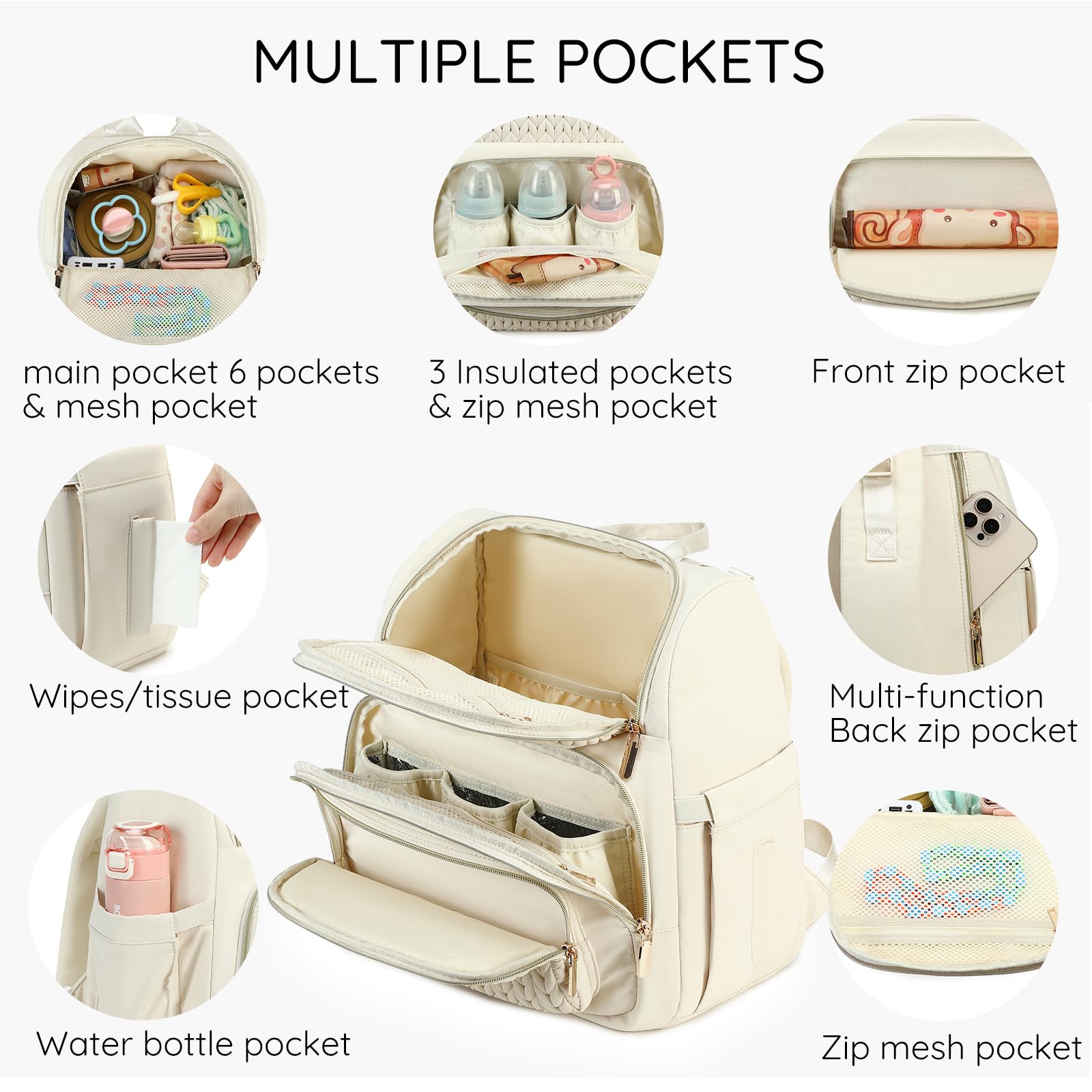 Premium Baby Diaper Backpack for Moms - Lightweight Waterproof Travel Diaper Bag with Insulated Pocket, Changing Pad & Stroller Straps - Perfect for Daycare, Outings & Family Trips (Beige)