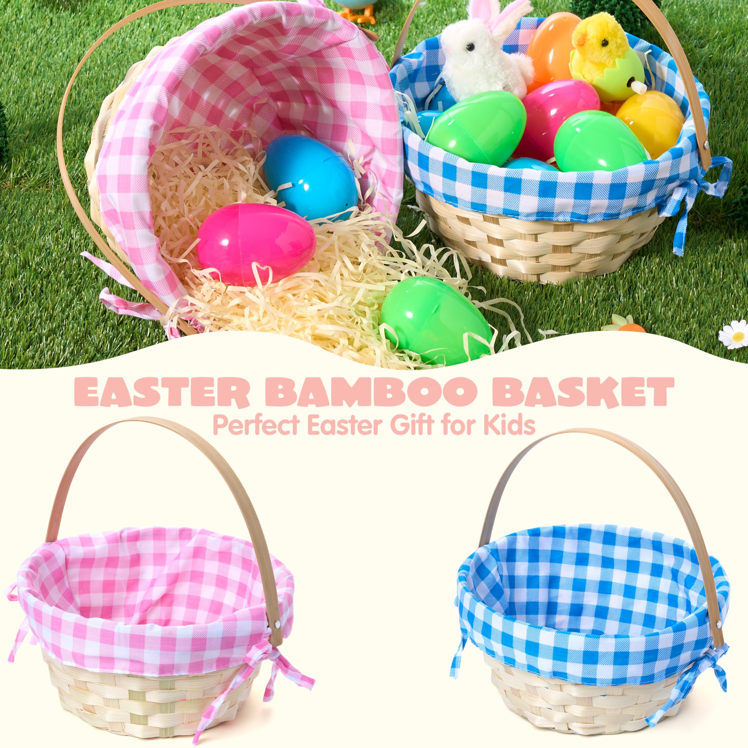 JOYIN 2-Pack Easter Bamboo Woven Baskets with Linen Liner & Handle - Decorative Party, Picnic, Easter Egg Hunt Gift Baskets for Kids (Boys & Girls) - Perfect for Candy, Treats & Holiday Decorations