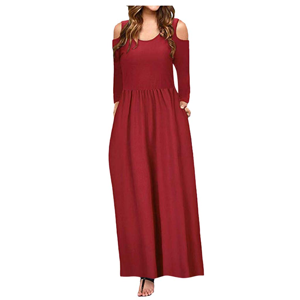Women's Long Sleeve Maxi Dresses - Elegant Solid Cold Shoulder Summer Casual Dress with Pockets | Perfect for Beach Vacations, Date Nights & Outdoor Events