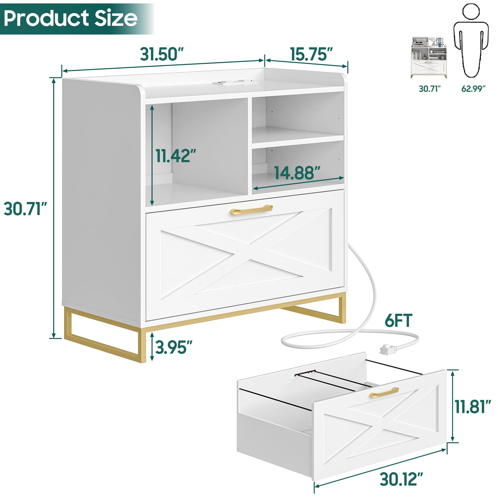 Modern Farmhouse Lateral File Cabinet with Charging Station - Large Wood File Storage Cabinet with Adjustable Shelves for Home Office Organization - White - Perfect for Office, Study Room & Home Workspace Storage