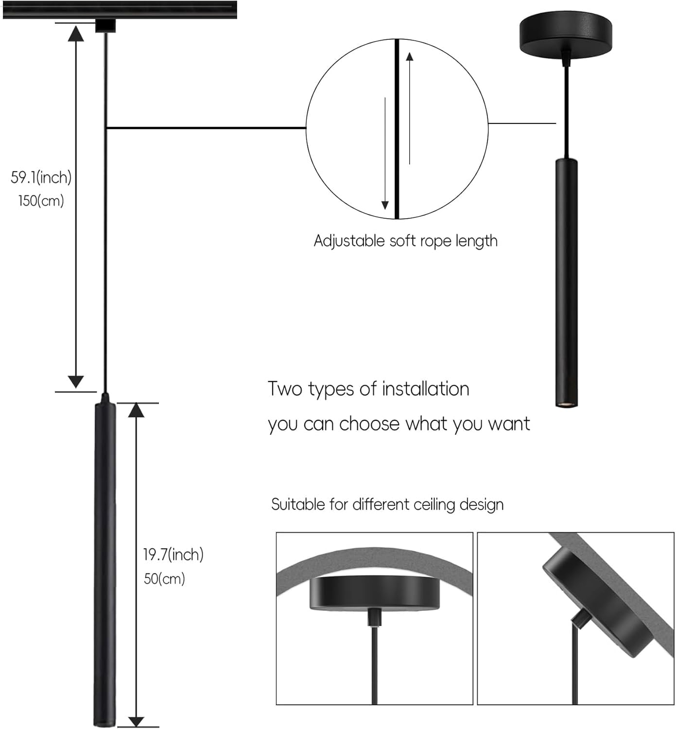6-Pack Black Pendant Lights with 3CCT LED - Adjustable Track or Ceiling Mount Lighting Kit for Kitchen Island, Dining Room, Bedroom | Modern Restaurant, Hotel & Bar Decor Lighting Solution