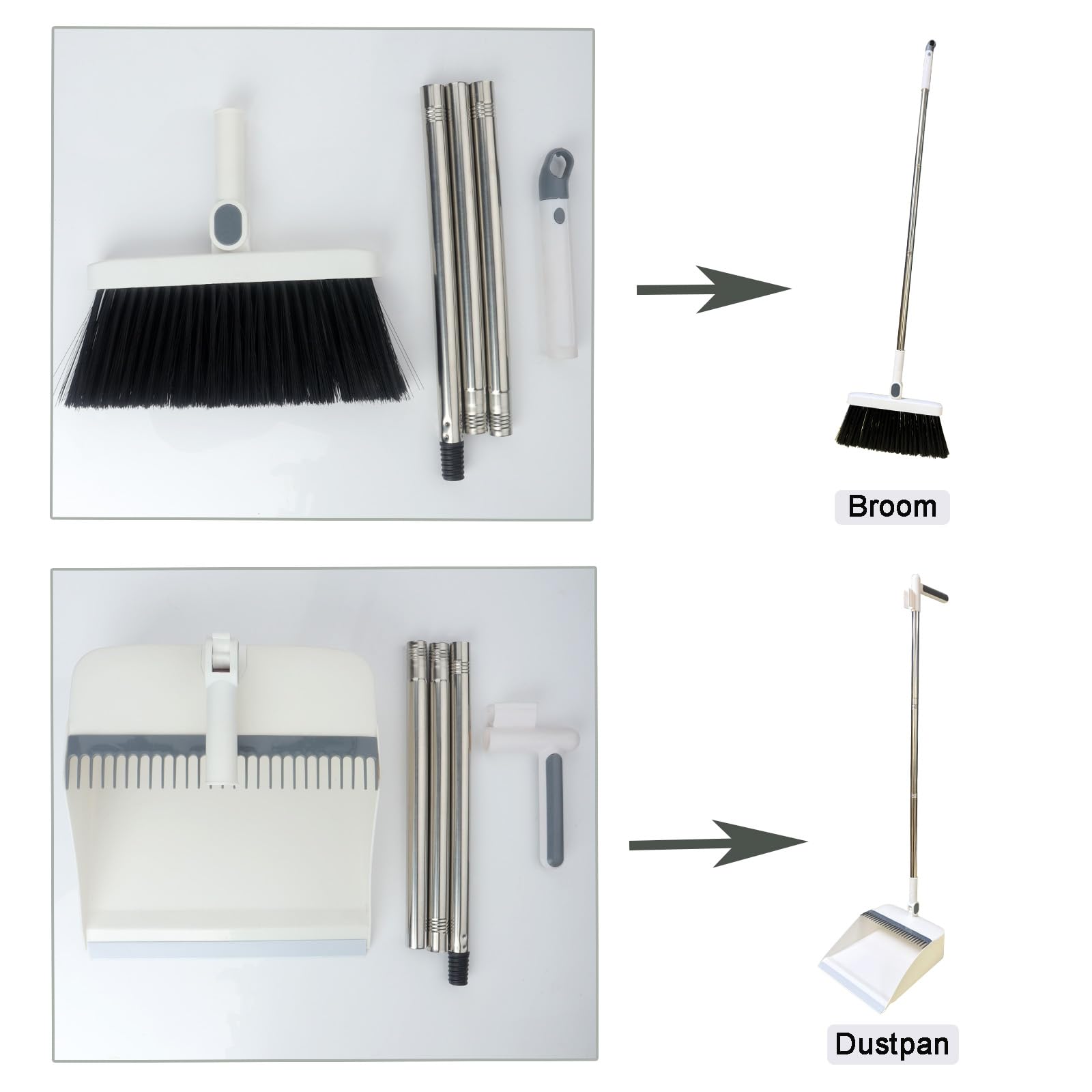 JCXIOAHB Long Handle Dustpan and Broom Set with Comb Teeth - Windproof Design for Indoor, Outdoor, Garden, Kitchen & Office Cleaning - White - Perfect for Hardwood Floors, Tile, Patio & Pet Hair Removal