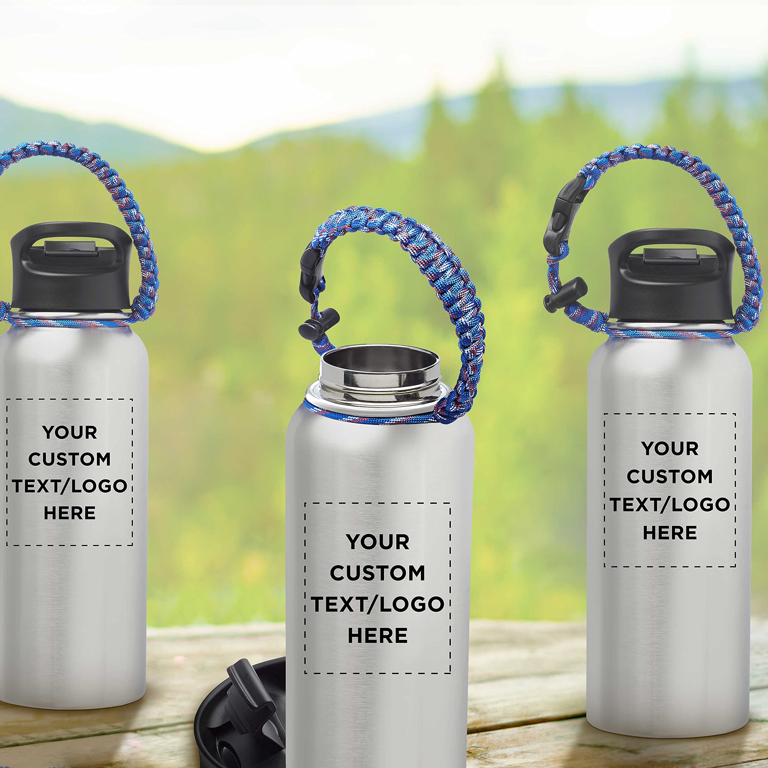 6 Pack 34oz Stainless Steel Water Bottles with Strap - Vacuum Insulated Double Wall Thermos - Custom Text & Logo Engraving - Silver - Perfect for Gym, Hiking, Office & Outdoor Activities