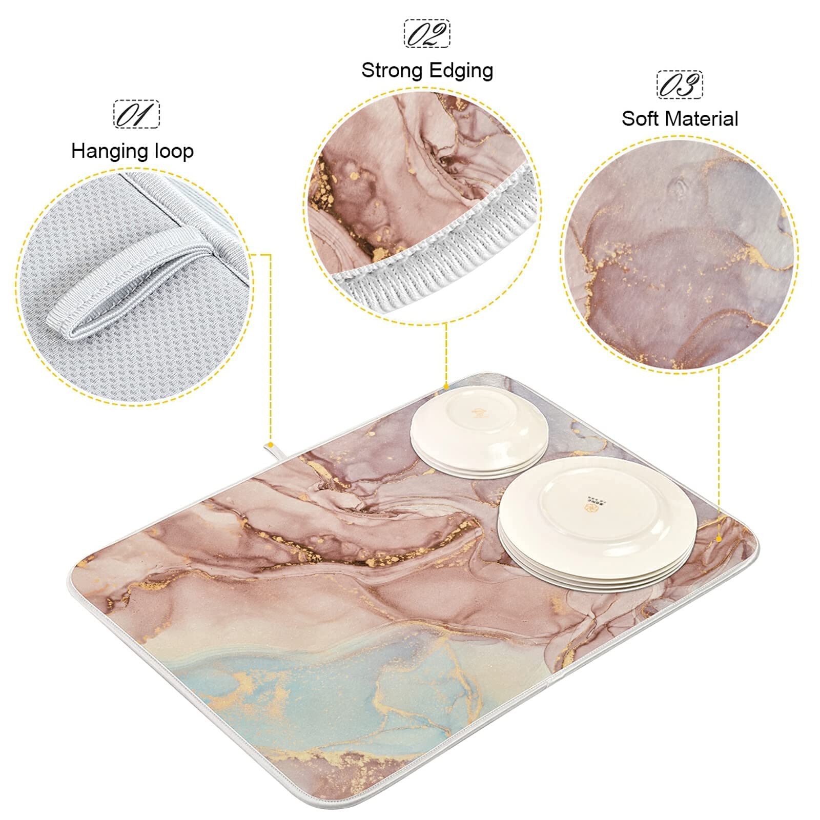 Marble Dish Drying Mat 16x18 Inch - Absorbent Kitchen Counter Mat for Dishes & Utensils