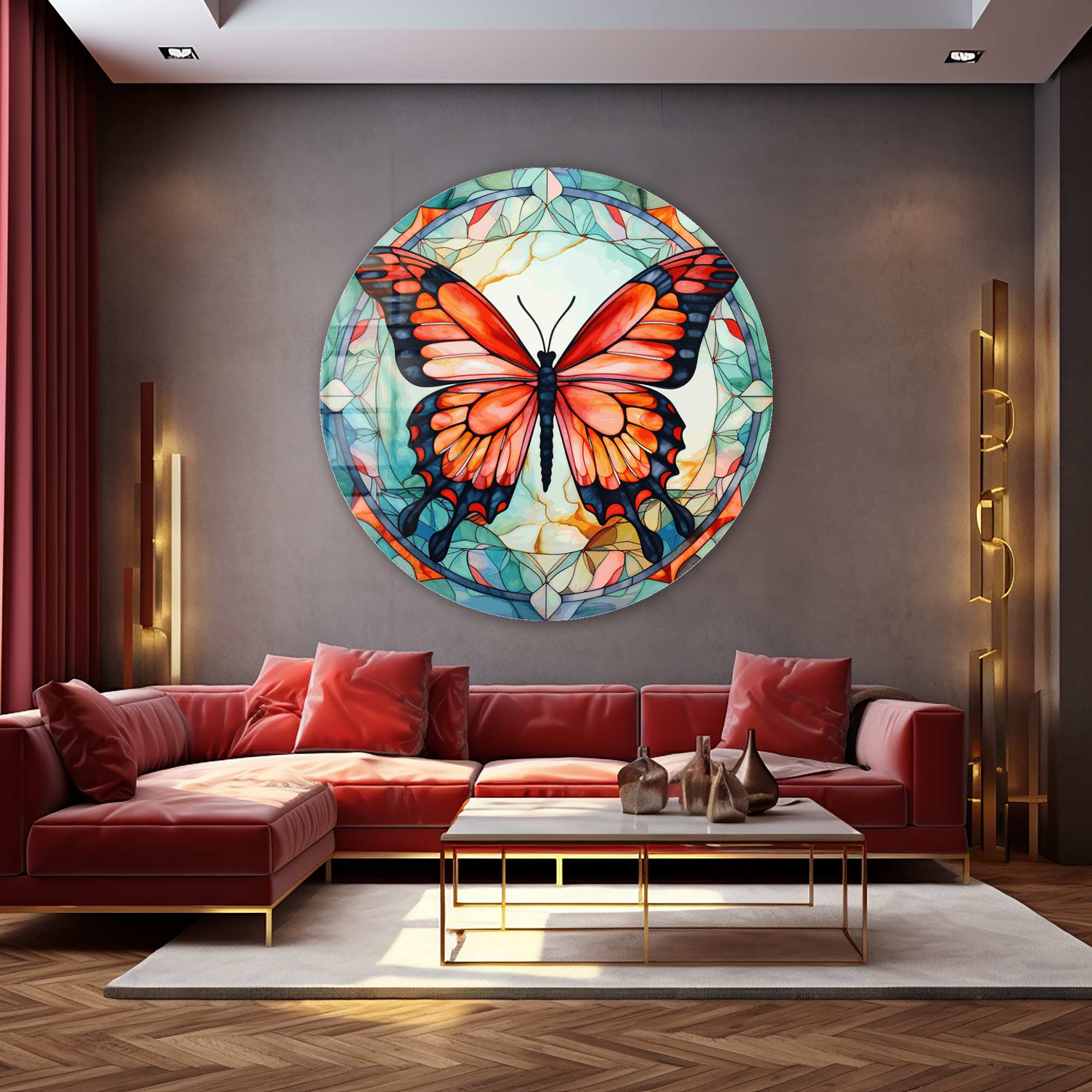 Stained Butterfly VII - Round Glass Wall Art Decor for Living Room, Bedroom & Office - Elegant Handmade Glass Mosaic Artwork