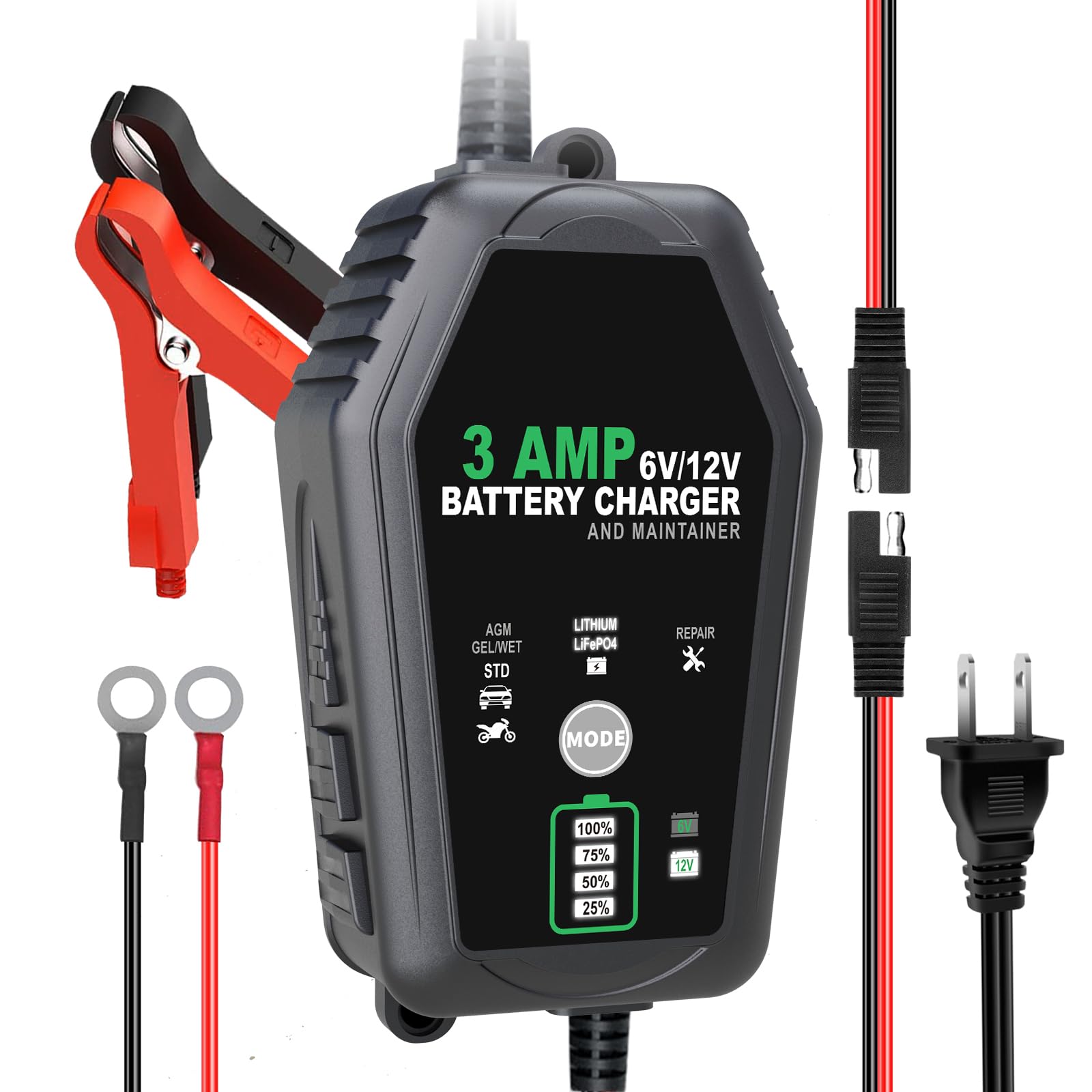 3 AMP 6V/12V Smart Car Battery Charger & Maintainer - Fully Automatic Trickle Charger for Lead-Acid, Lithium, LiFePO4 Batteries - Ideal for Cars, Motorcycles, Lawn Mowers & Seasonal Vehicle Storage