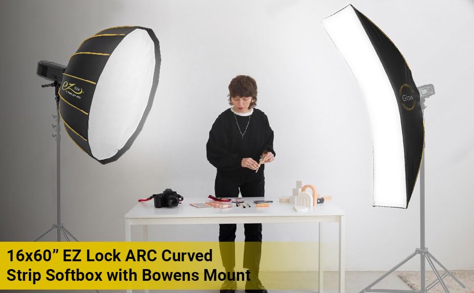 Glow EZ Lock 16x60 ARC Curved Strip Light Softbox with Bowens Mount - Professional Photography Lighting for Strobes & Monolights - Convertible to Curved Reflector with White Diffuser - Perfect for Studio, Portrait, and Product Photography