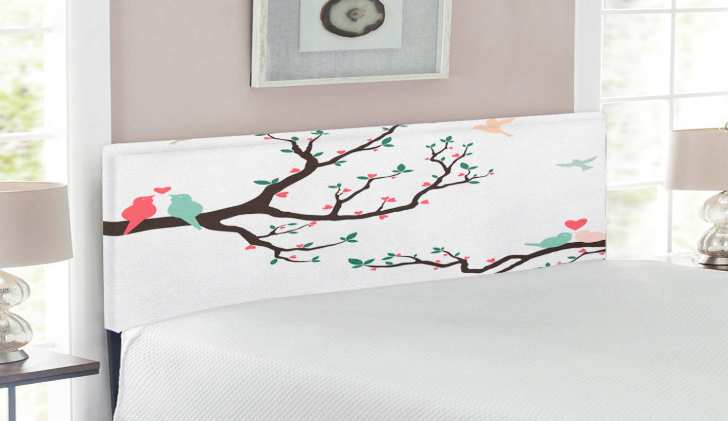 Ambesonne Love Headboard - Queen Size Upholstered Metal Bed Headboard with Memory Foam, Retro Birds on Tree Branch Design in Green Pink Brown | Romantic Bedroom Decor for Couples, Vintage Ceremony & Nostalgic Romance