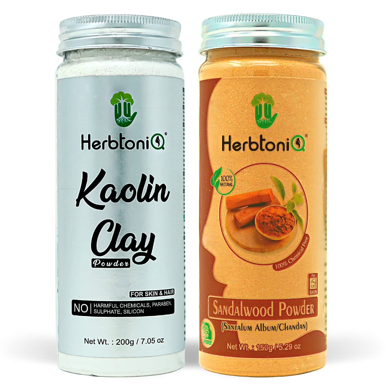 HerbtoniQ 100% Natural Organic Kaolin Clay & Sandalwood Powder Combo (350g) for Glowing Skin - DIY Face Masks, Acne Treatment & Skin Care - Perfect for Spa Days & At-Home Beauty Routines