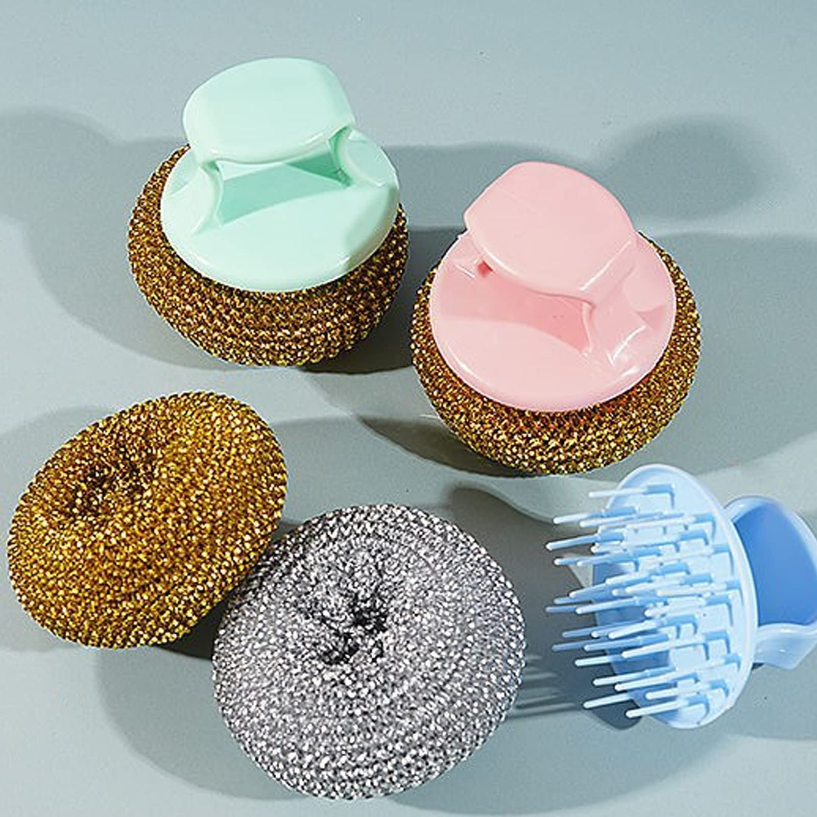Premium Stainless Steel Scrubber Pads - Heavy Duty Kitchen Cleaning Sponges with Handle (12 Pack, Random Colors) - Ideal for Pots, Pans, Dishes, Cookware & Stubborn Stains Removal
