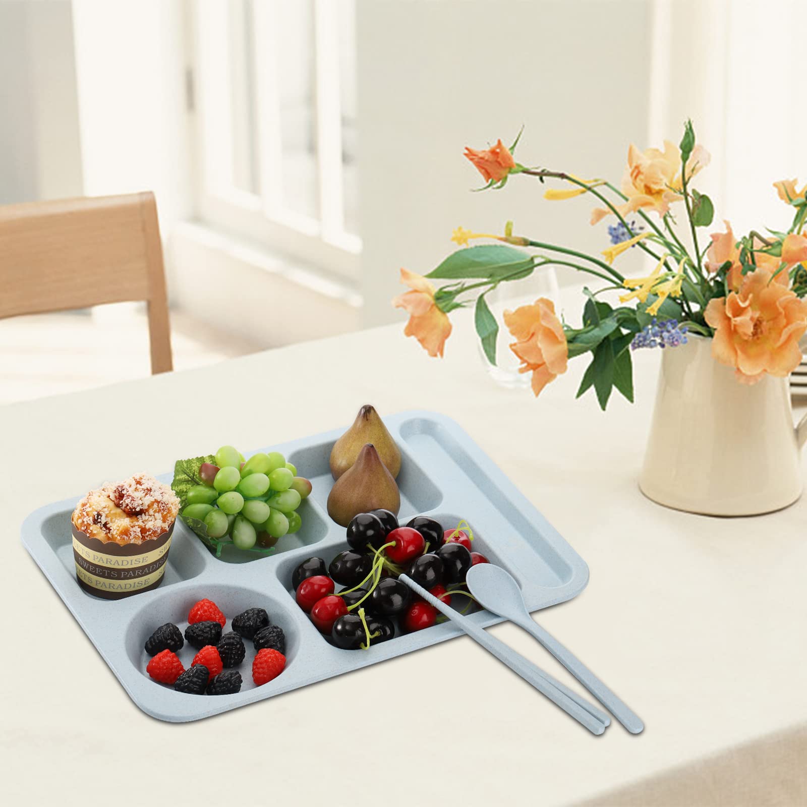 TOPZEA 4-Pack Unbreakable Wheat Straw Divided Plates - 6 Compartment BPA-Free Plastic Dinner Plates for Adults & Kids, Microwave & Dishwasher Safe (14