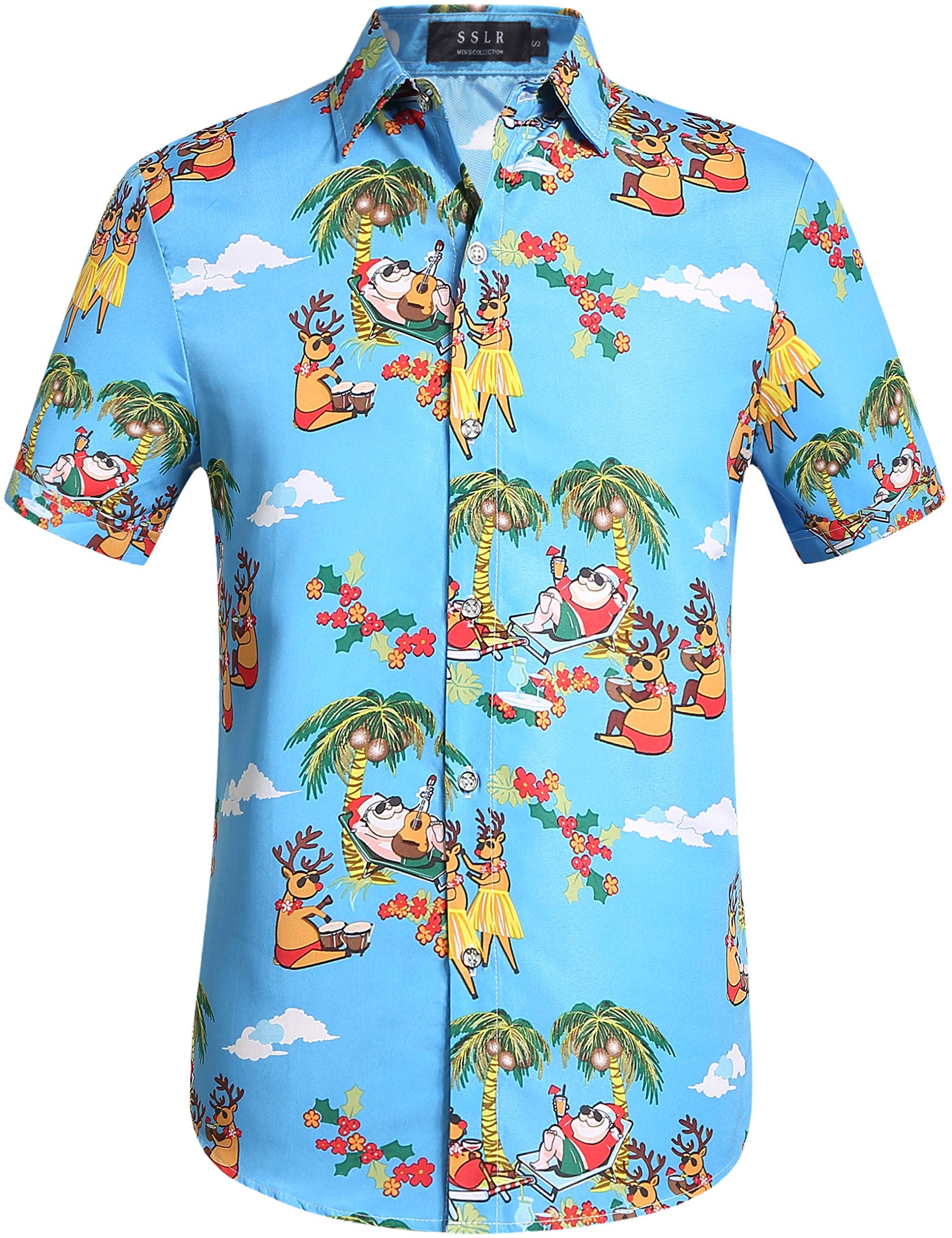 SSLR Men's Santa Claus Tropical Button-Up Shirt | Christmas Hawaiian Shirt for Men | Holiday Party & Beach Vacation Wear