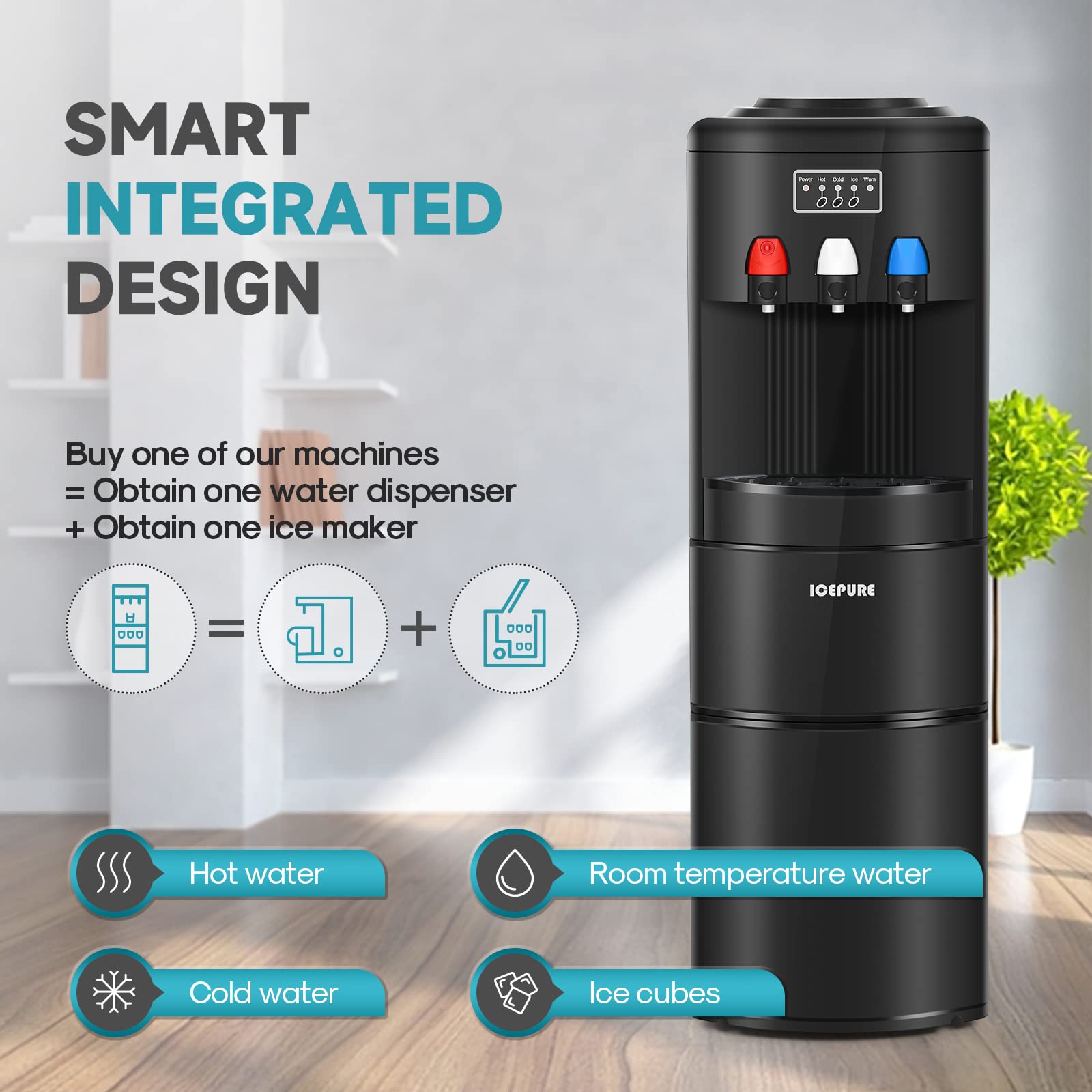 ICEPURE 3-in-1 Countertop Water Cooler Dispenser with Built-In Ice Maker - Hot, Cold & Room Temperature Water + Bullet Ice - Top Loading for 2/3/5 Gallon Bottles - 26.5 Lbs Daily Ice Production - Child Safety Lock - Black - Perfect for Home, Office & Kitchen Use