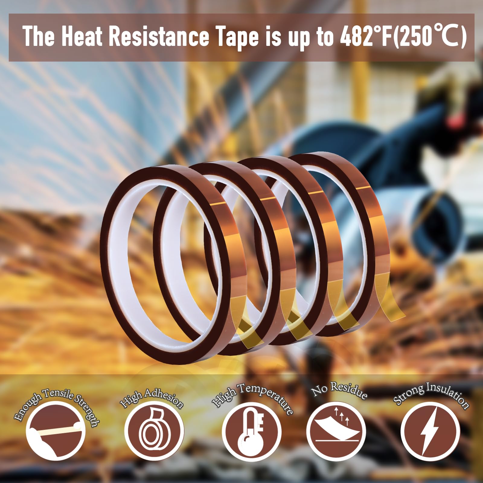 High-Temp Polyimide Heat Tape for Sublimation - 4 Rolls 10mm x 33m (108ft) Heat Resistant Adhesive Tape for Heat Press, CPU & PCB Protection - No Residue, Professional Grade - Ideal for T-Shirt Printing, Electronics Repair & DIY Craft Projects