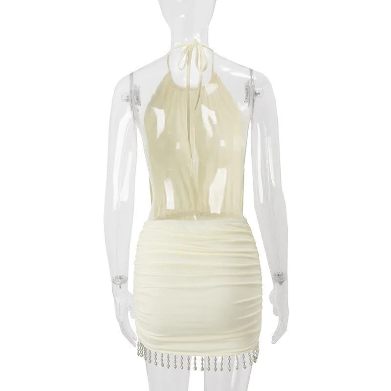 Sexy Backless Tassel Mini Dress for Women - Summer Hollow Out Halter Sleeveless High Waist Ruched Bodycon Club Dress | Perfect for Night Out, Party, and Date Night