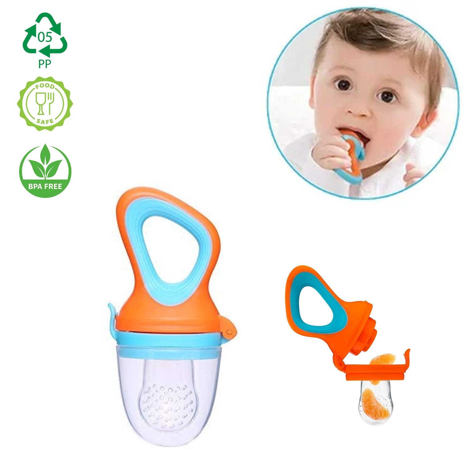 Safe-O-Kid® BPA-Free Baby Food Feeder - Non-Toxic Silicone Teether for Fresh Fruits, Vegetables & Snacks - Perfect for Babies & Toddlers Learning to Eat - Blue & Orange (Pack of 1) - Ideal for Home, Travel & Daycare Use
