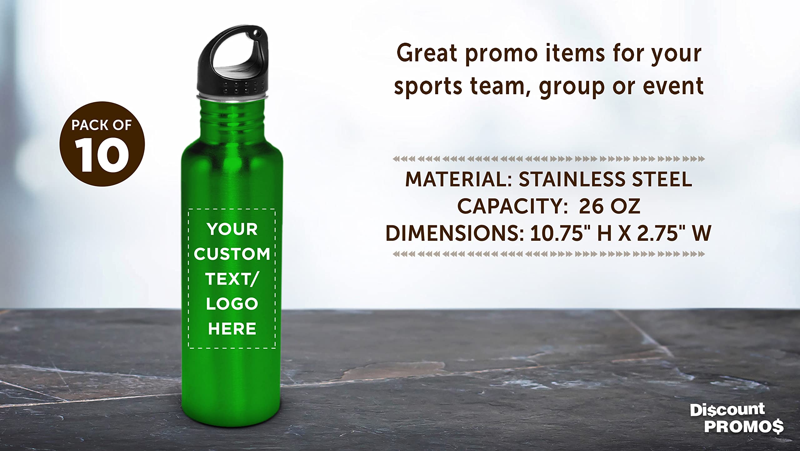 Custom Stainless Steel Water Bottles 26oz (Set of 10) - Personalized Bulk Pack, Reusable & Leak Proof - Ideal for Gym, Hiking, Camping, Outdoor Sports - Eco-Friendly Green Bottles for Workouts, Travel & Everyday Hydration