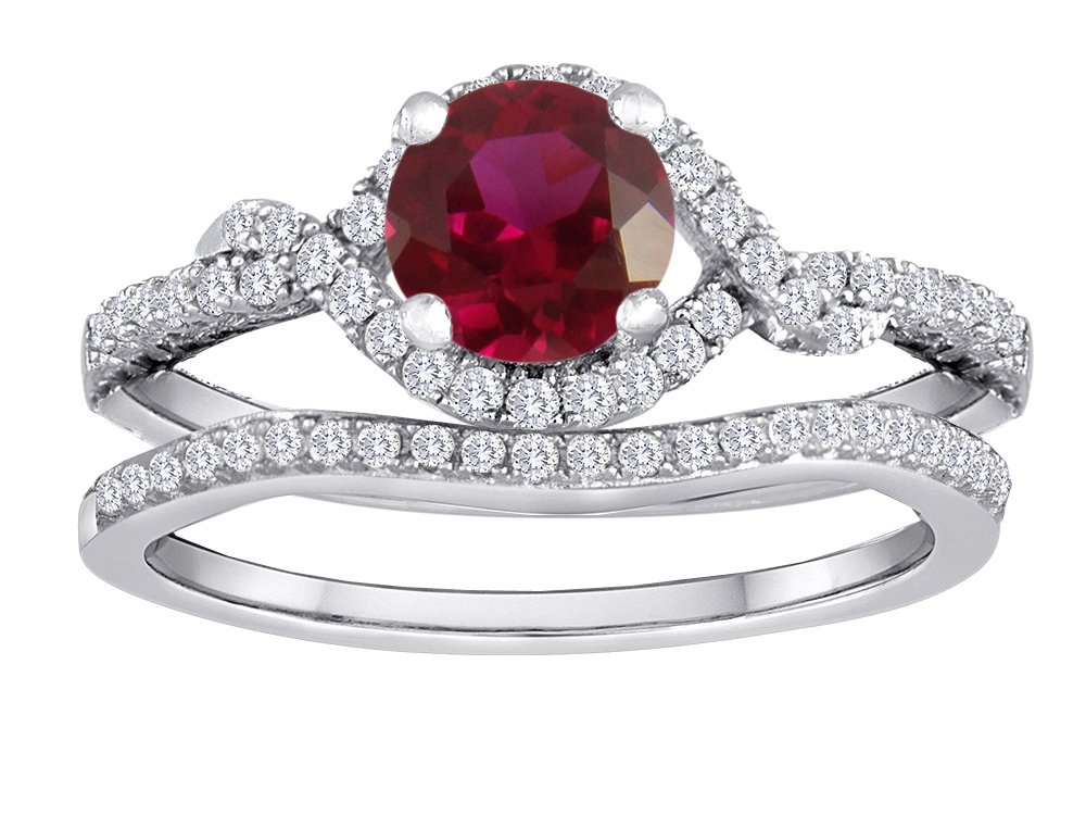 Star K Round Created Ruby Halo Wedding Ring Set in Sterling Silver – Perfect for Engagement, Anniversary & Bridal Jewelry Gifts