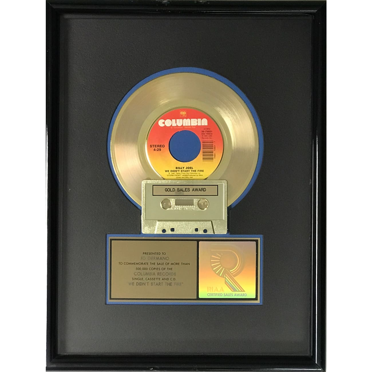 Billy Joel 'We Didn't Start The Fire' RIAA Certified Gold Single Award Plaque - Perfect for Music Collectors & Fans Display
