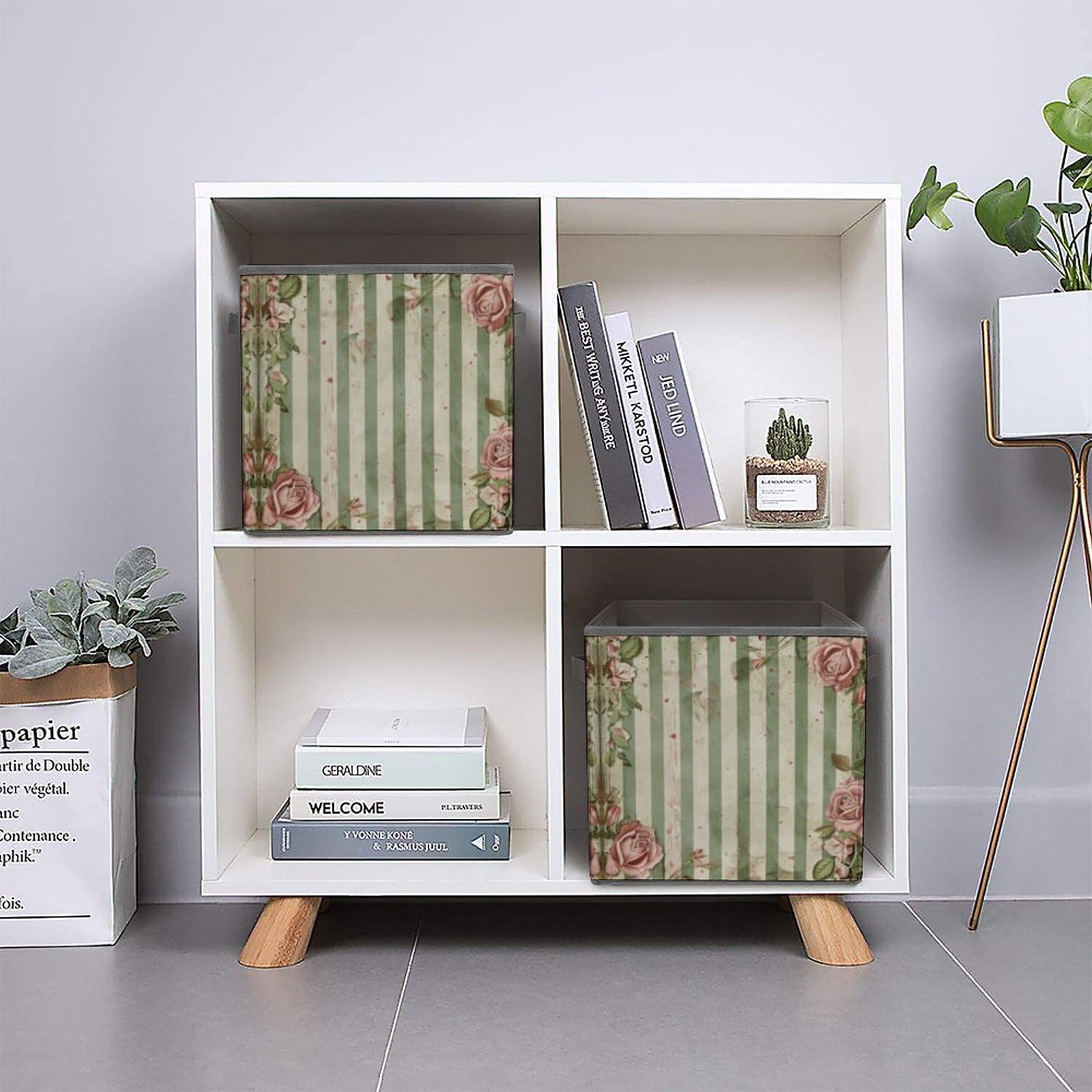 Foldable Fabric Storage Bins with Handles - Cube Organizer for Clothes, Toys & Home Organization (Roses & Green Plants Design) | Perfect for Closet, Cabinet & Shelf Storage - Ideal for Bedroom, Nursery & Dorm Organization