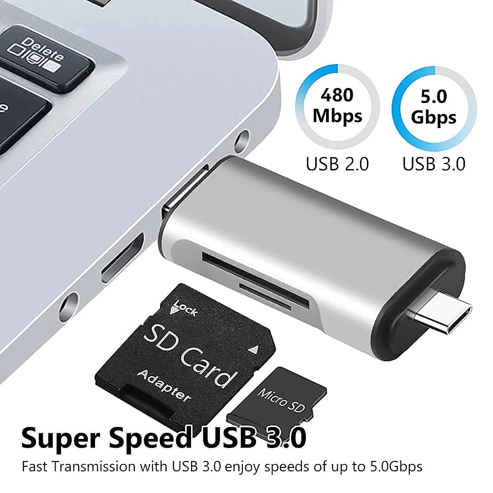 Famous Quality® 3-in-1 USB Card Reader - USB 3.0, USB C, Micro USB Compatible for SD/SDXC/Micro SD Memory Cards - Works with MacBook, PC, Tablets & Smartphones - Perfect for Travel, Photography & Data Transfer