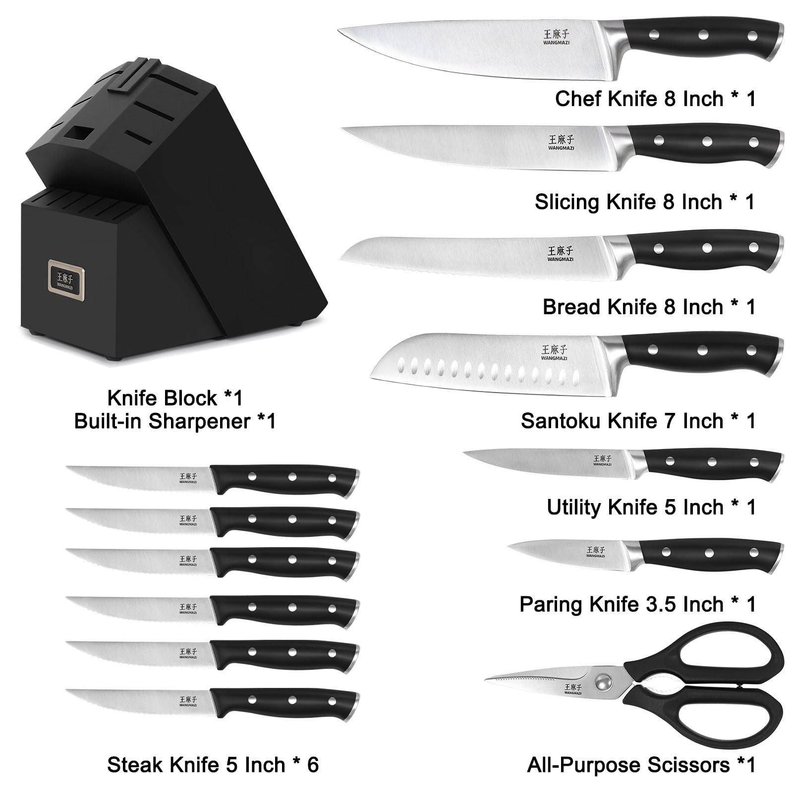 Premium 15-Piece High Carbon Stainless Steel Knife Set - Forged Kitchen Knives with Ergonomic Triple-Rivet Handle - Professional Chef & Home Cooking Essential - Perfect for Slicing, Dicing, and Food Prep (Black)