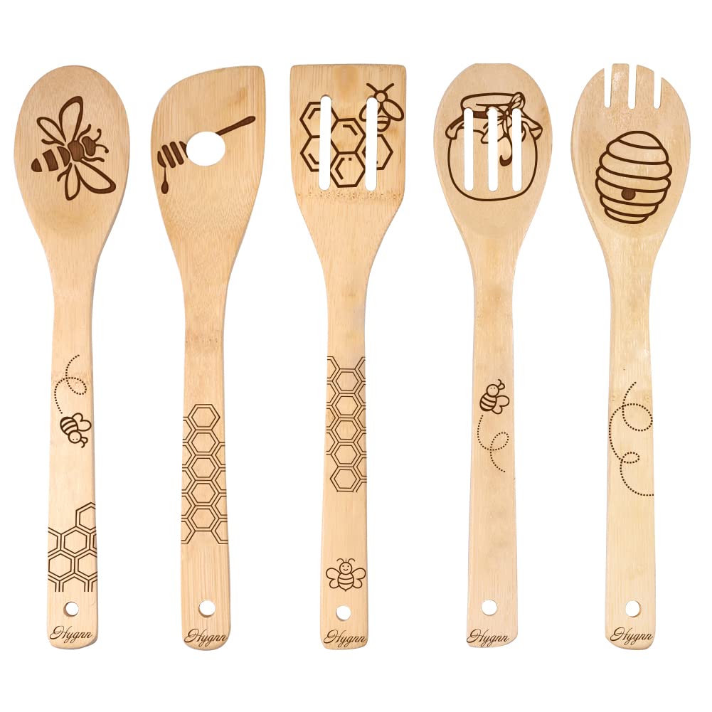 Bee-Themed Laser Engraved Bamboo Cooking Spoon Set - Non-Stick Kitchen Utensils for Cooking & Serving - Unique Housewarming Gift & Kitchen Decor - Perfect for Baking, BBQ, and Home Decor