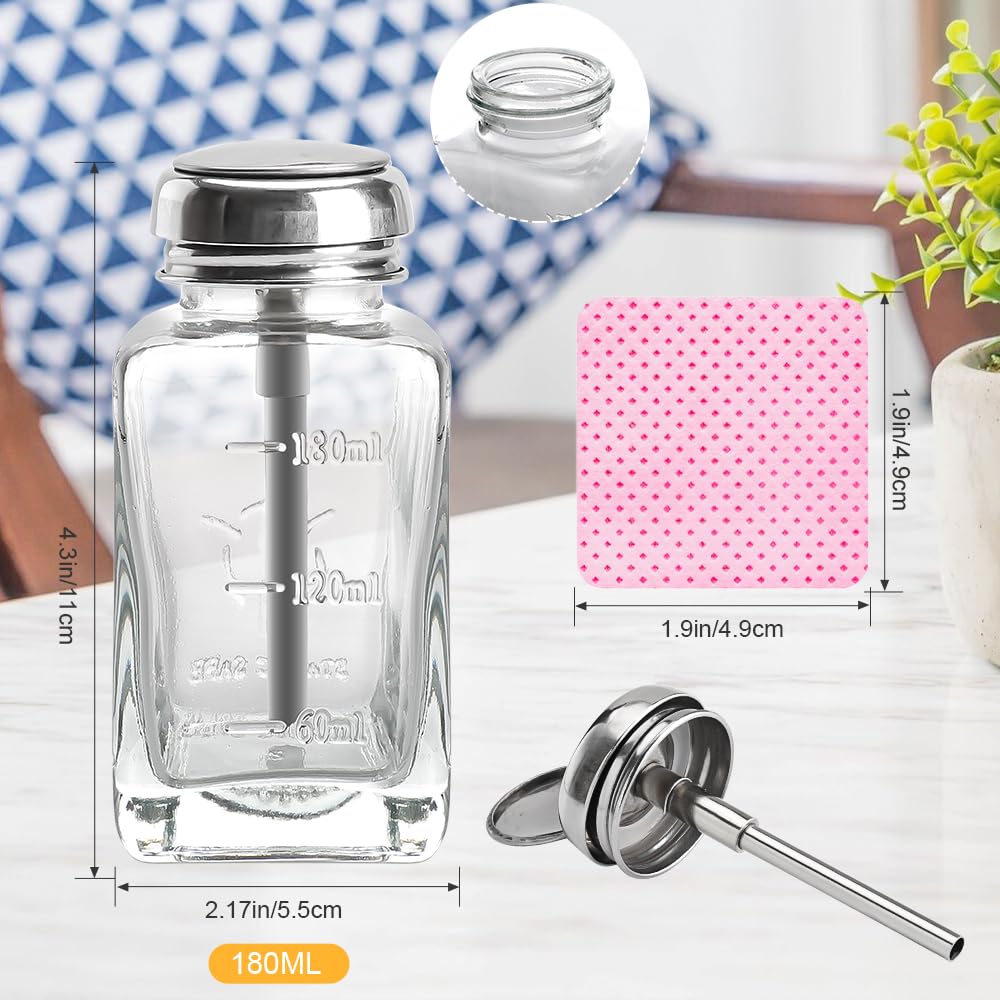 2 Pcs 180ml/6oz Empty Nail Polish Remover Pump Dispenser Bottles with 540PCS Lint-Free Nail Wipes - Refillable Glass Containers for Acetone, Alcohol & Makeup Remover - Perfect for Salon, Home Manicure & Travel Nail Care