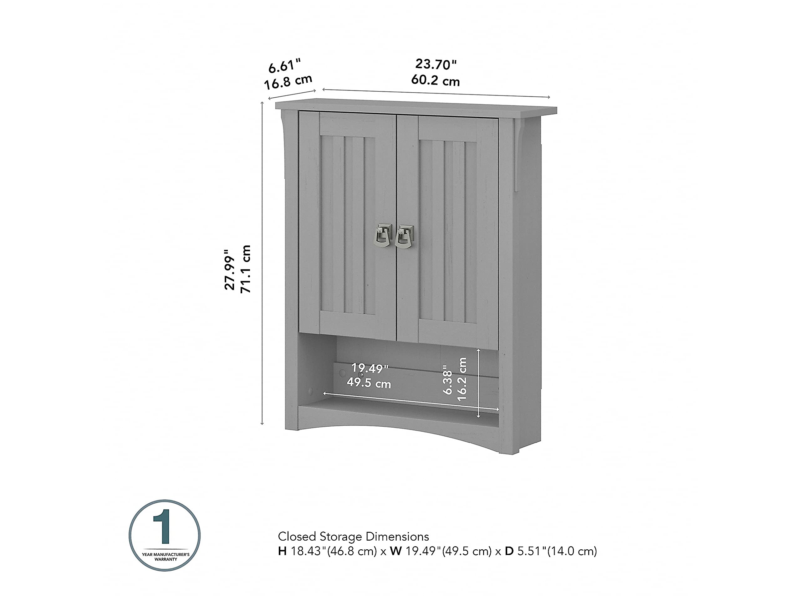 Bush Furniture Salinas Bathroom Wall Cabinet with Doors - Cape Cod Gray - Space Saving Storage for Towels, Toiletries & Bathroom Essentials